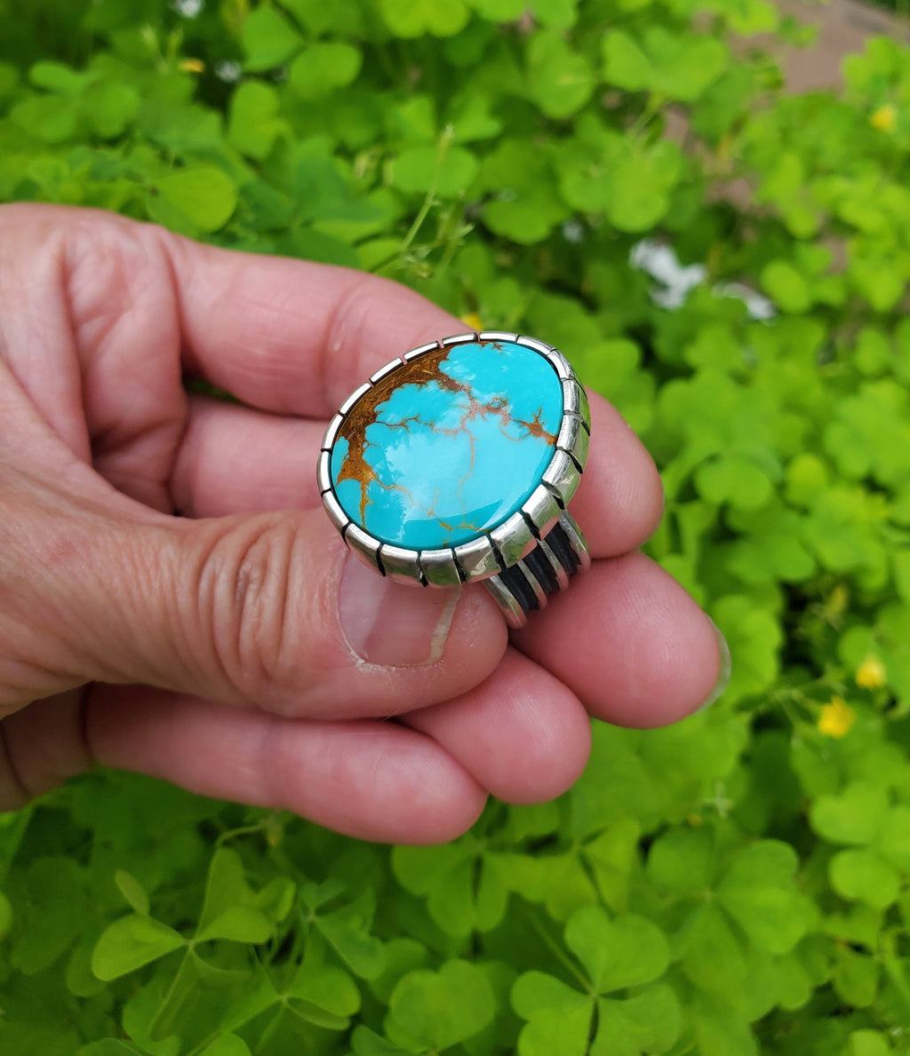 Royston Turquoise Castellated Sterling Silver Statement Ring. Size 8.