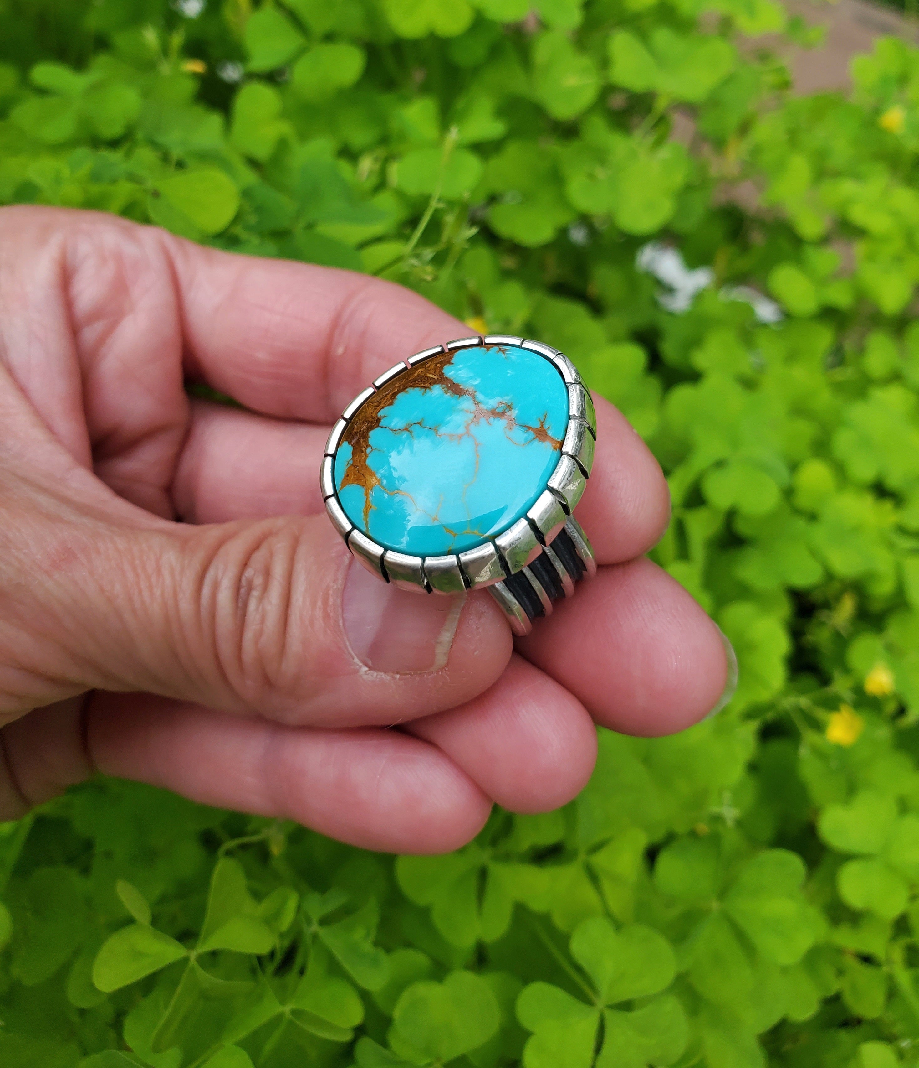Royston Turquoise Castellated Sterling Silver Statement Ring. Size 8.