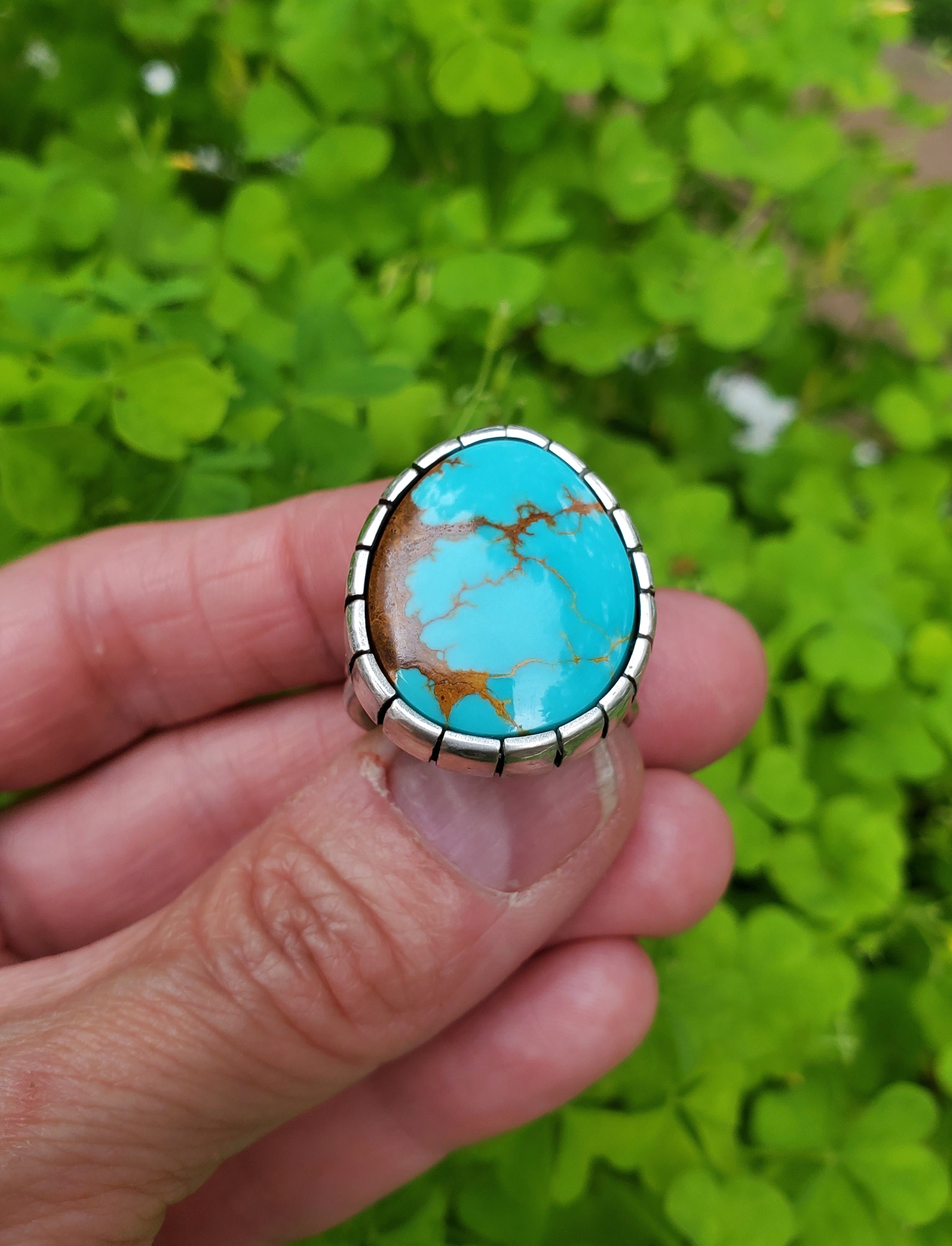 Royston Turquoise Castellated Sterling Silver Statement Ring. Size 8.