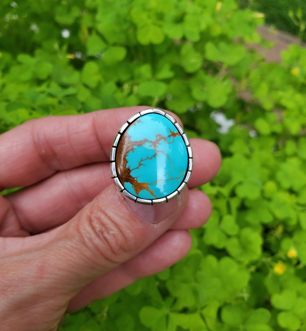 Royston Turquoise Castellated Sterling Silver Statement Ring. Size 8.