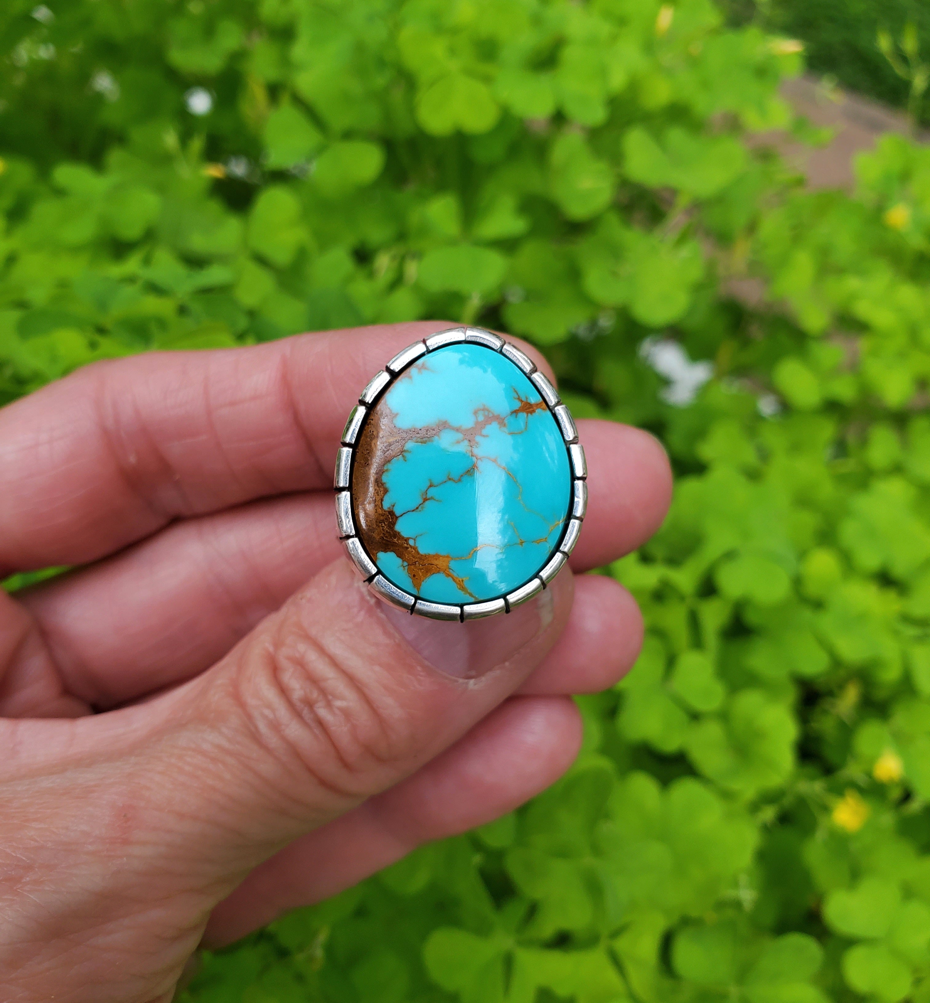 Royston Turquoise Castellated Sterling Silver Statement Ring. Size 8.