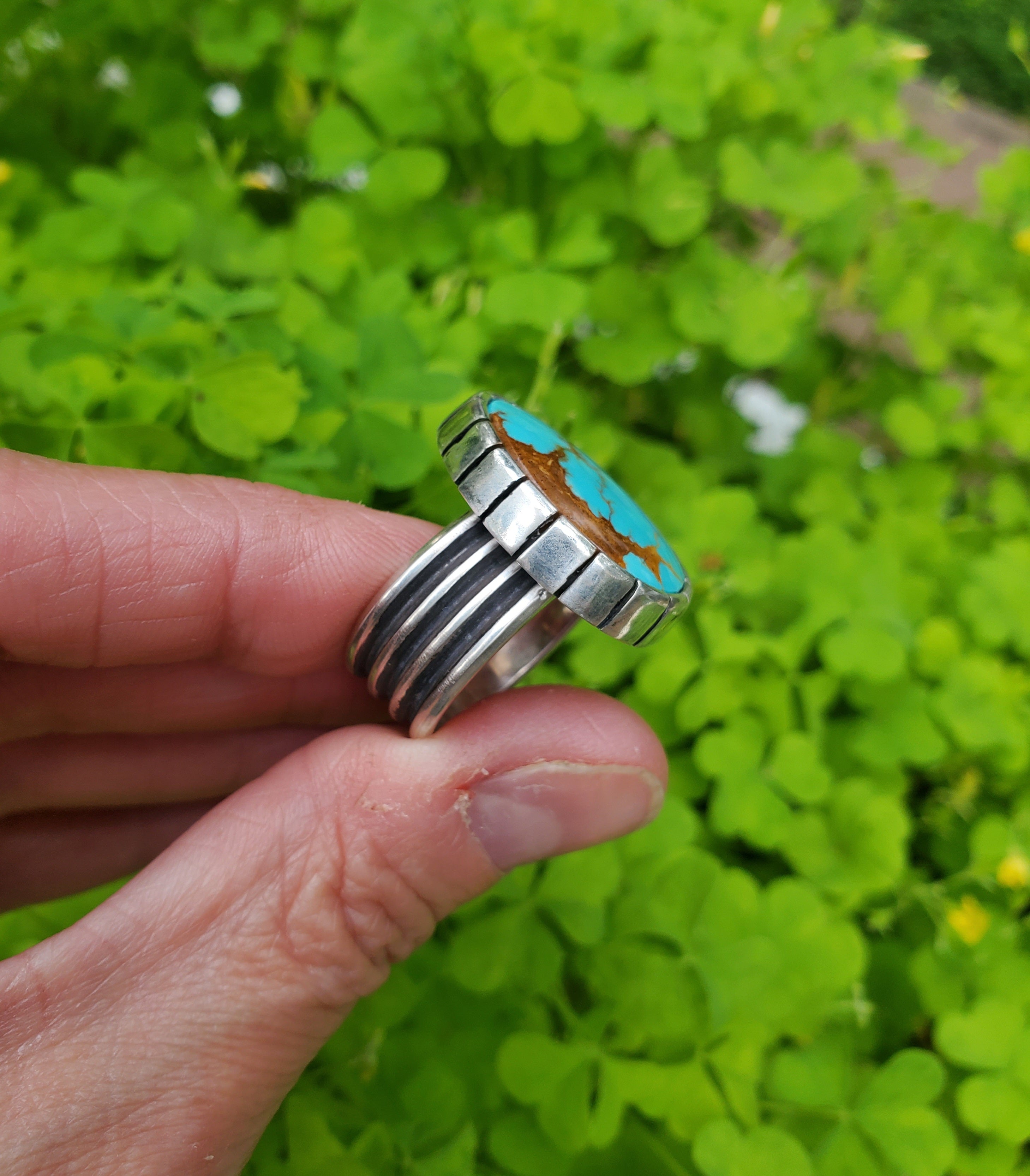 Royston Turquoise Castellated Sterling Silver Statement Ring. Size 8.