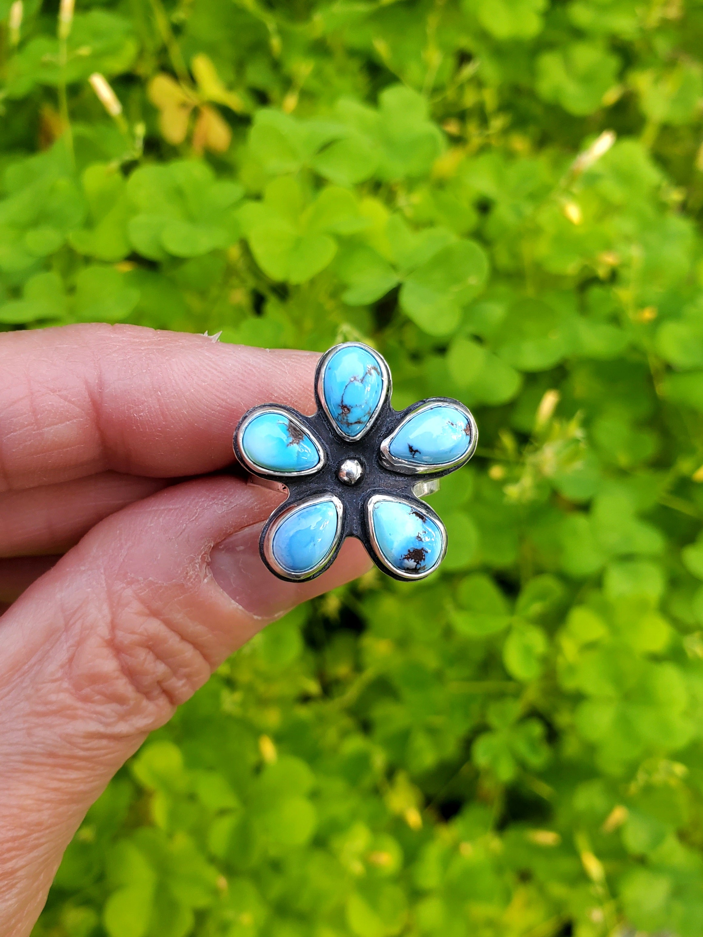 Golden Hills Turquoise Flower Ring in Solid Sterling Silver! Size 7.25