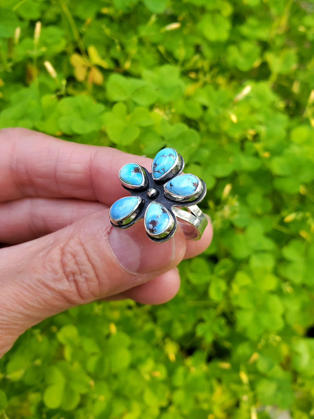 Golden Hills Turquoise Flower Ring in Solid Sterling Silver! Size 7.25