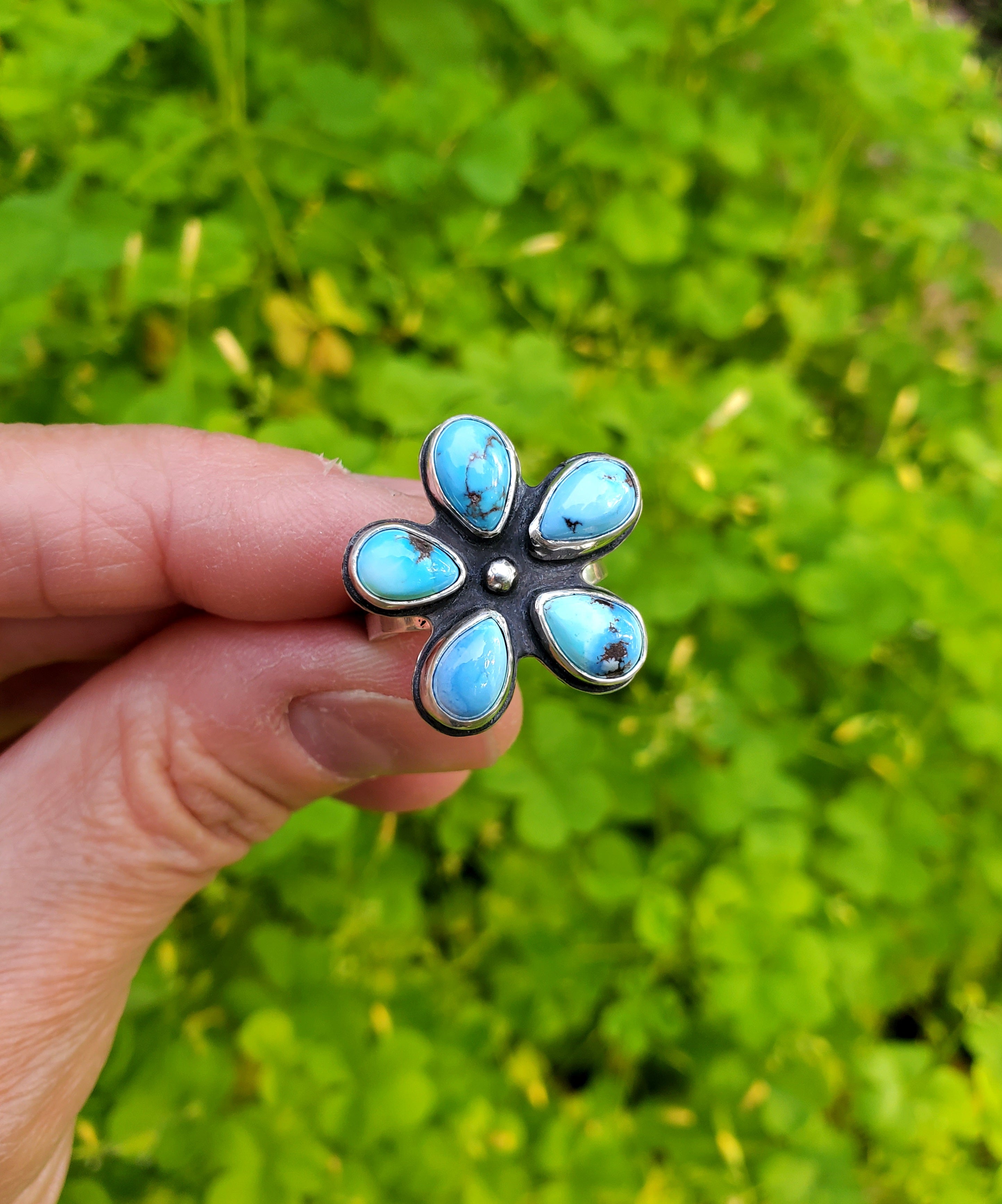 Golden Hills Turquoise Flower Ring in Solid Sterling Silver! Size 7.25