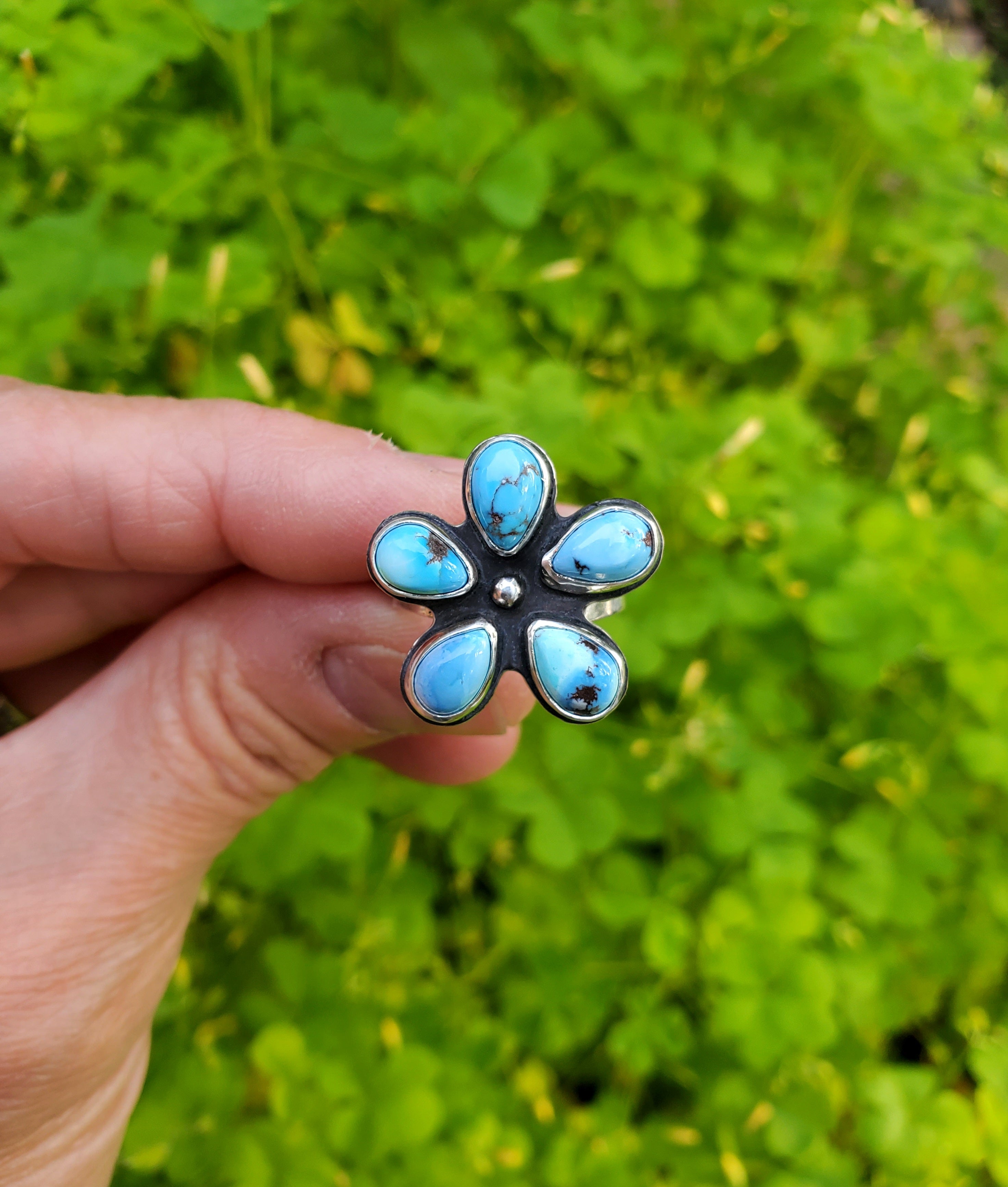 Golden Hills Turquoise Flower Ring in Solid Sterling Silver! Size 7.25