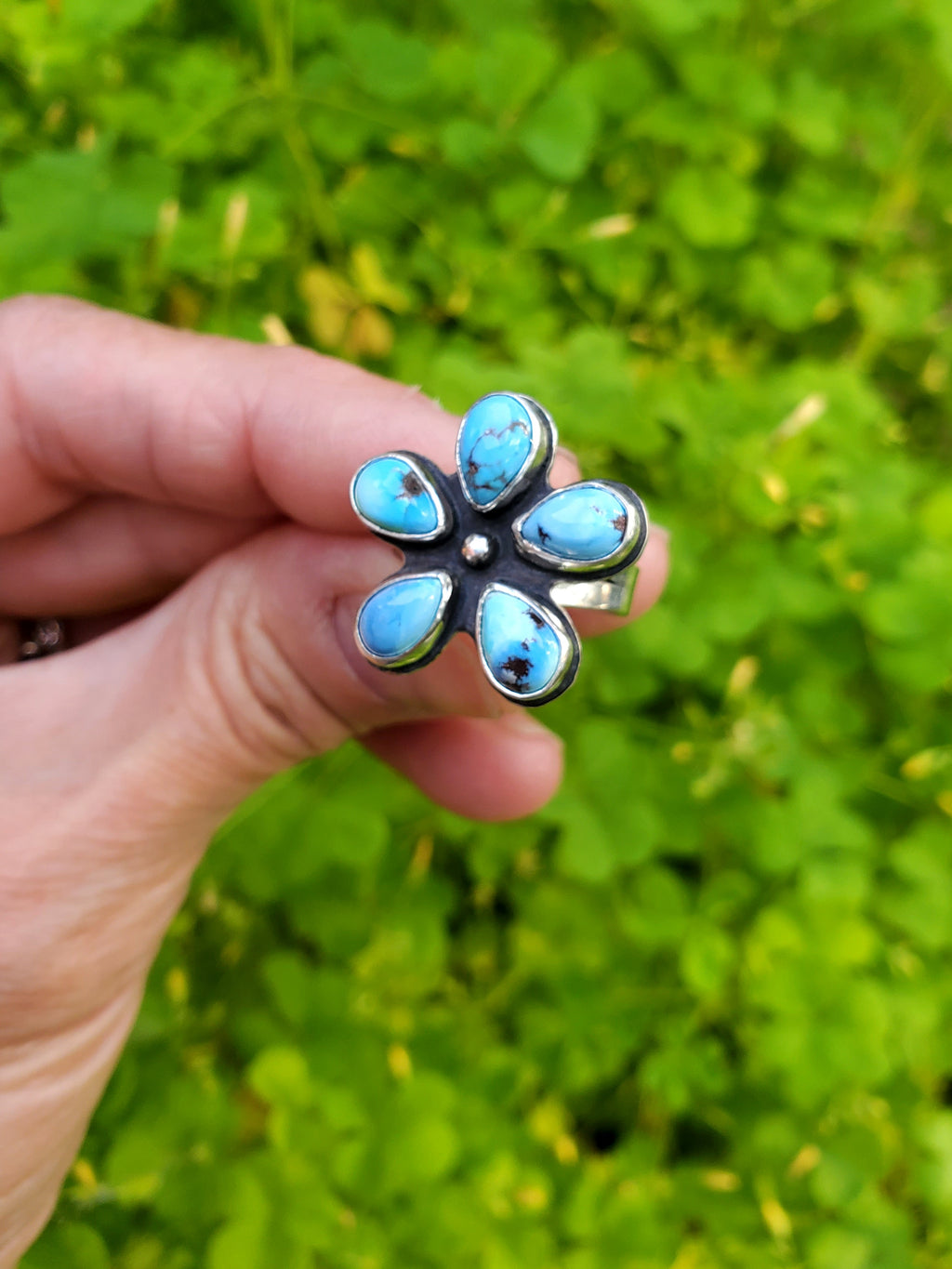 Golden Hills Turquoise Flower Ring in Solid Sterling Silver! Size 7.25