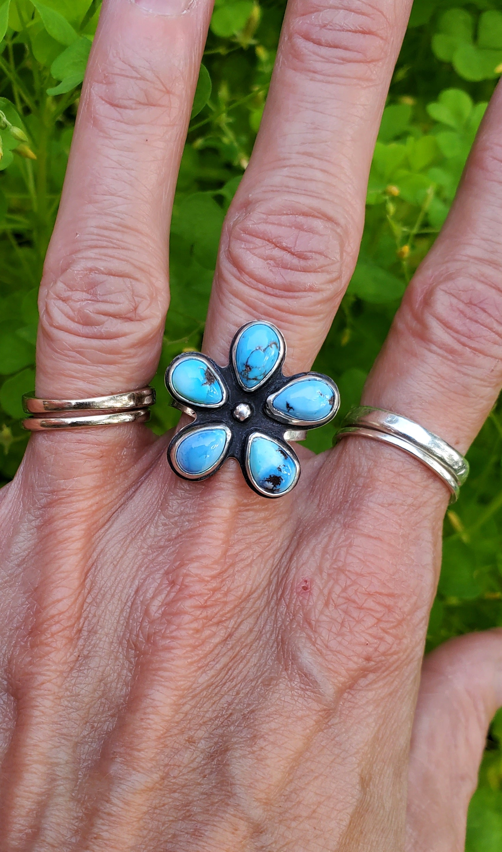 Golden Hills Turquoise Flower Ring in Solid Sterling Silver! Size 7.25