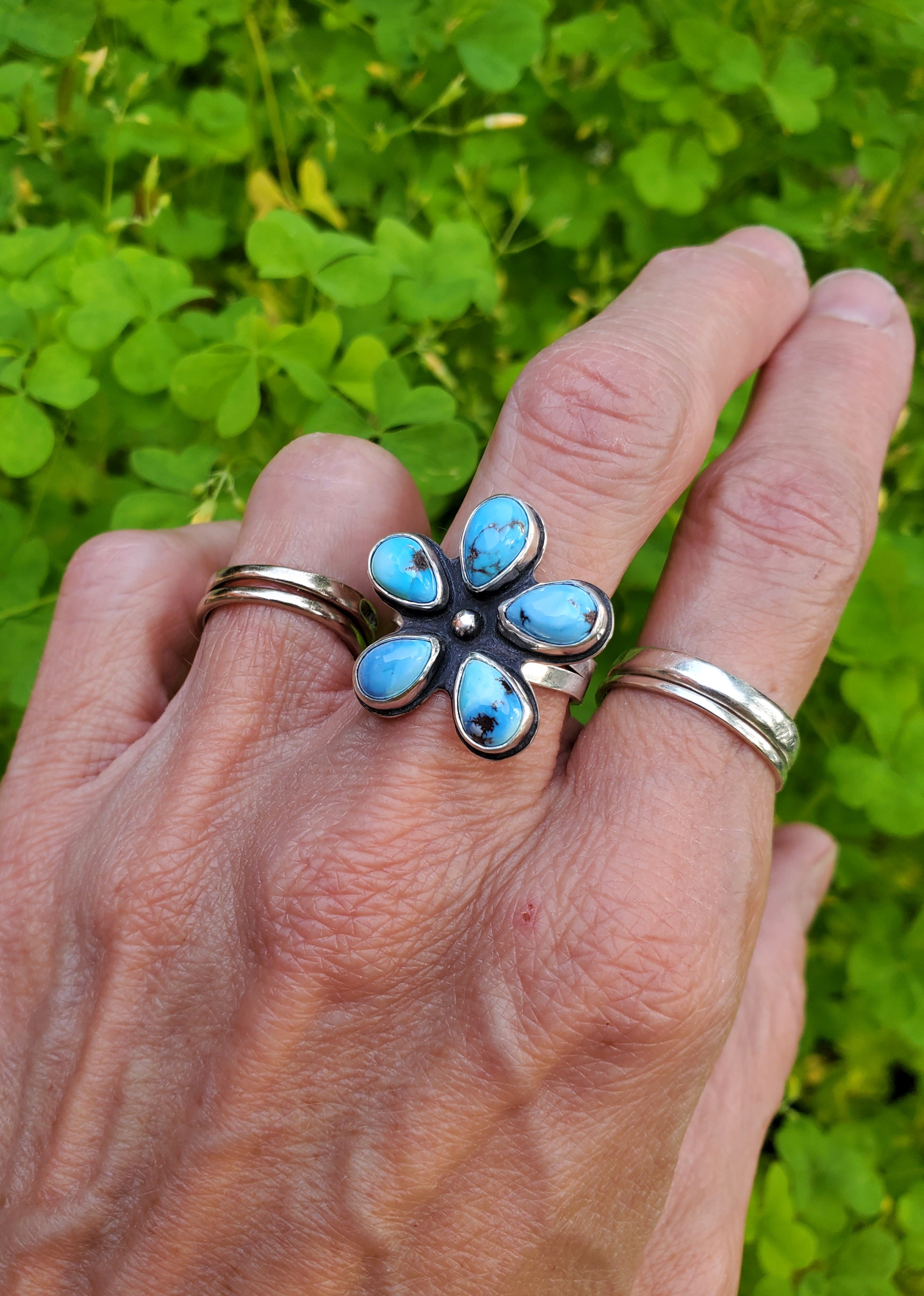 Golden Hills Turquoise Flower Ring in Solid Sterling Silver! Size 7.25