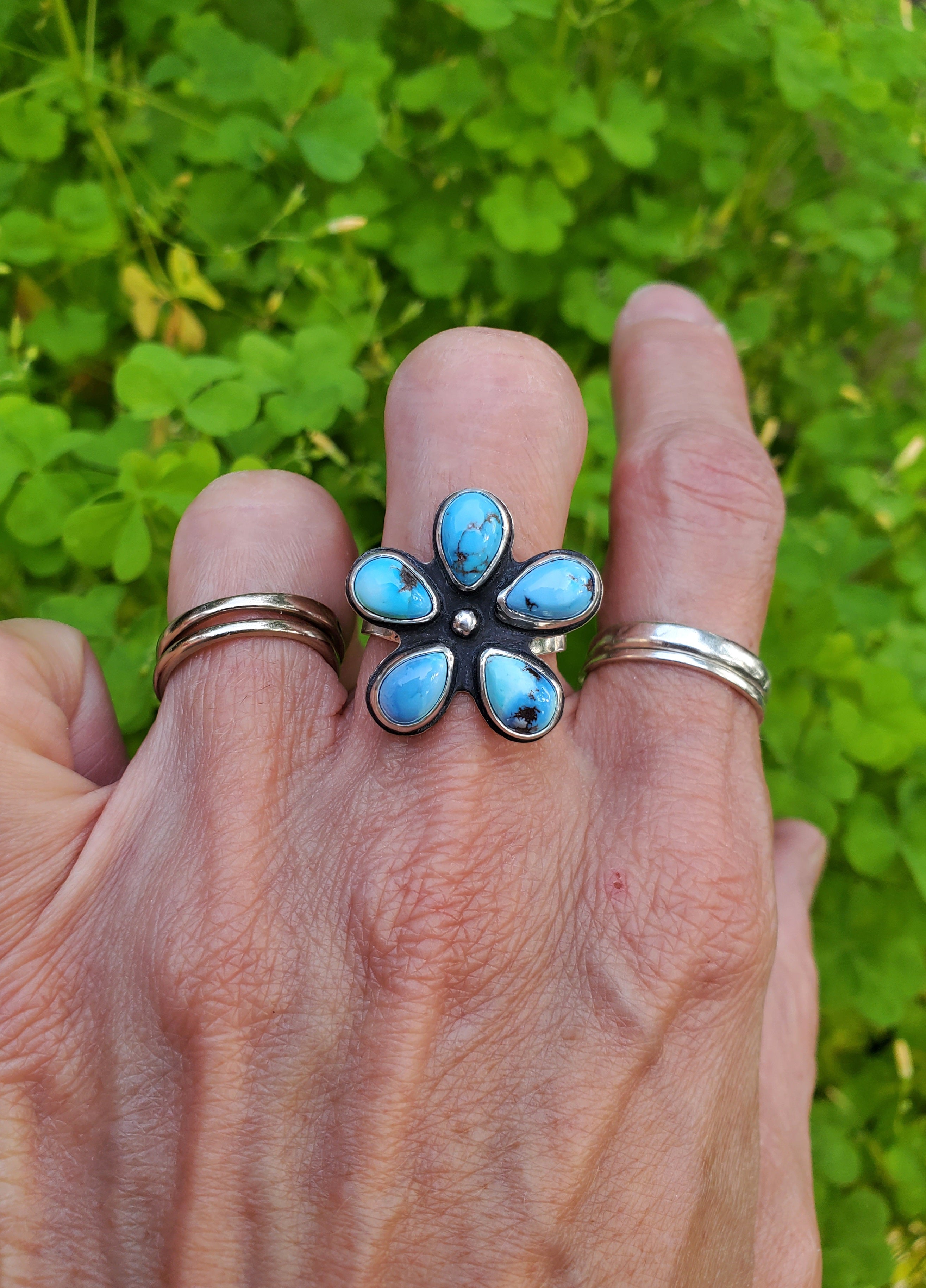 Golden Hills Turquoise Flower Ring in Solid Sterling Silver! Size 7.25
