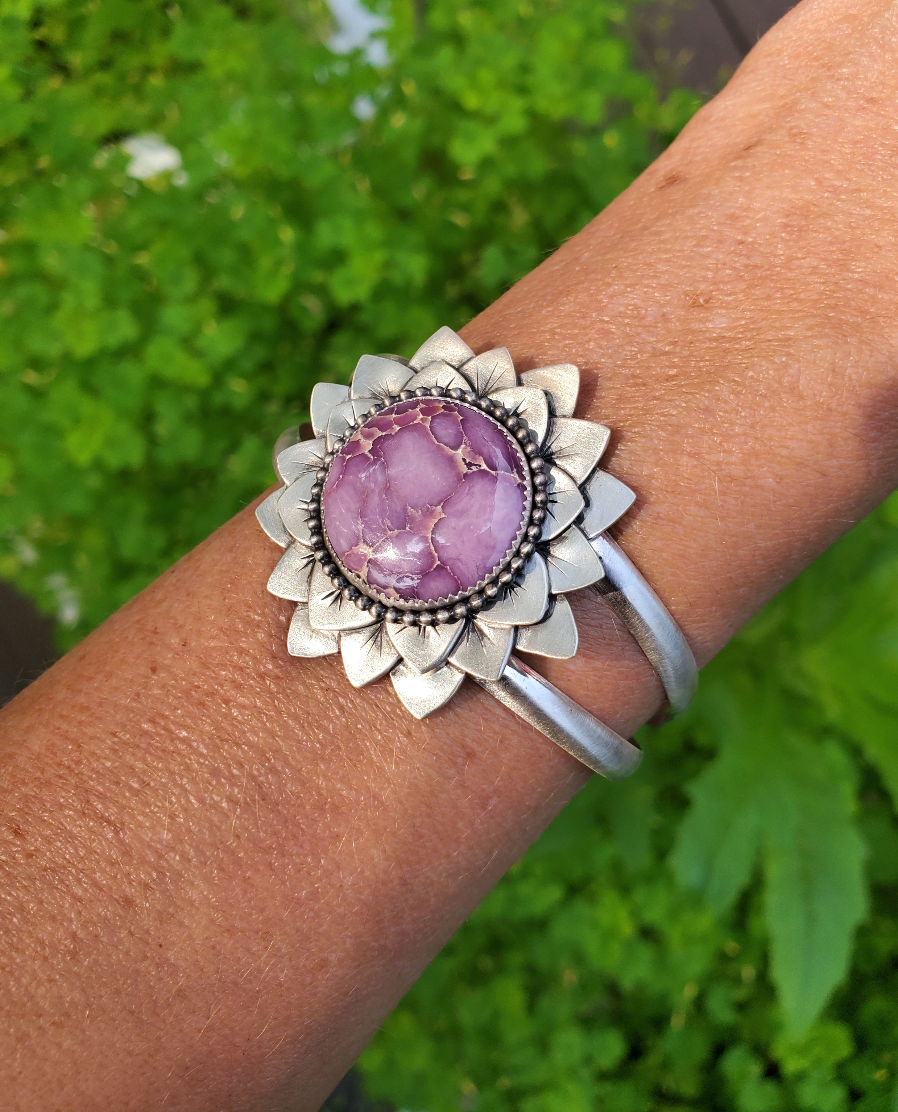 Phosphosiderite Flower Bloom Cuff in Solid Sterling Silver