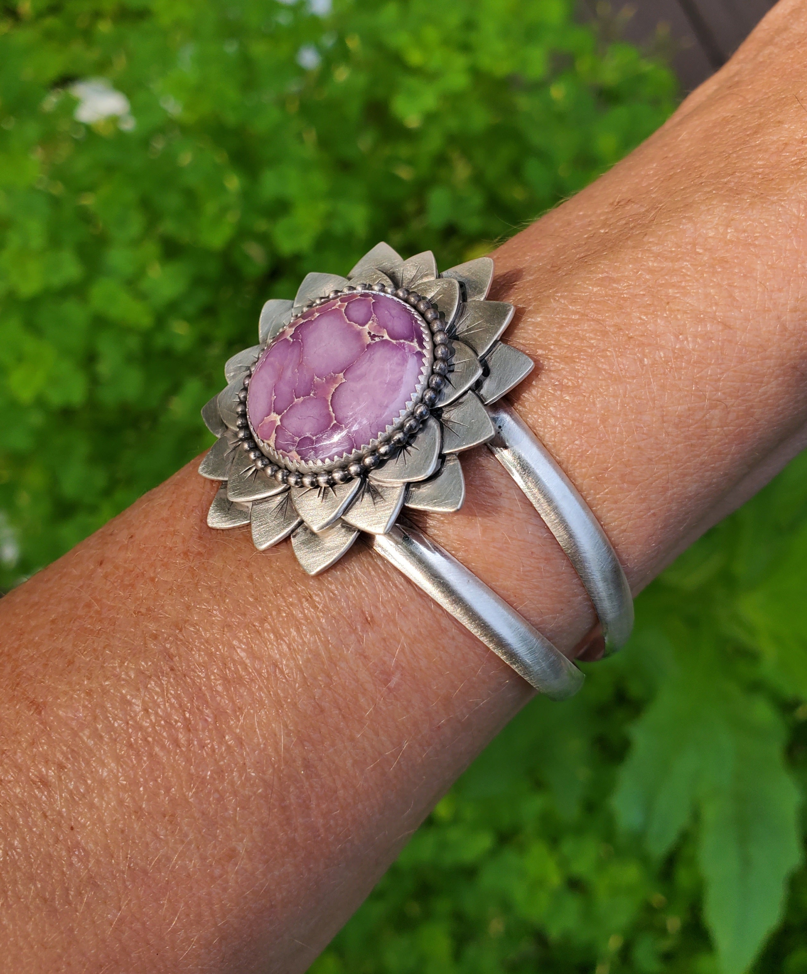 Phosphosiderite Flower Bloom Cuff in Solid Sterling Silver