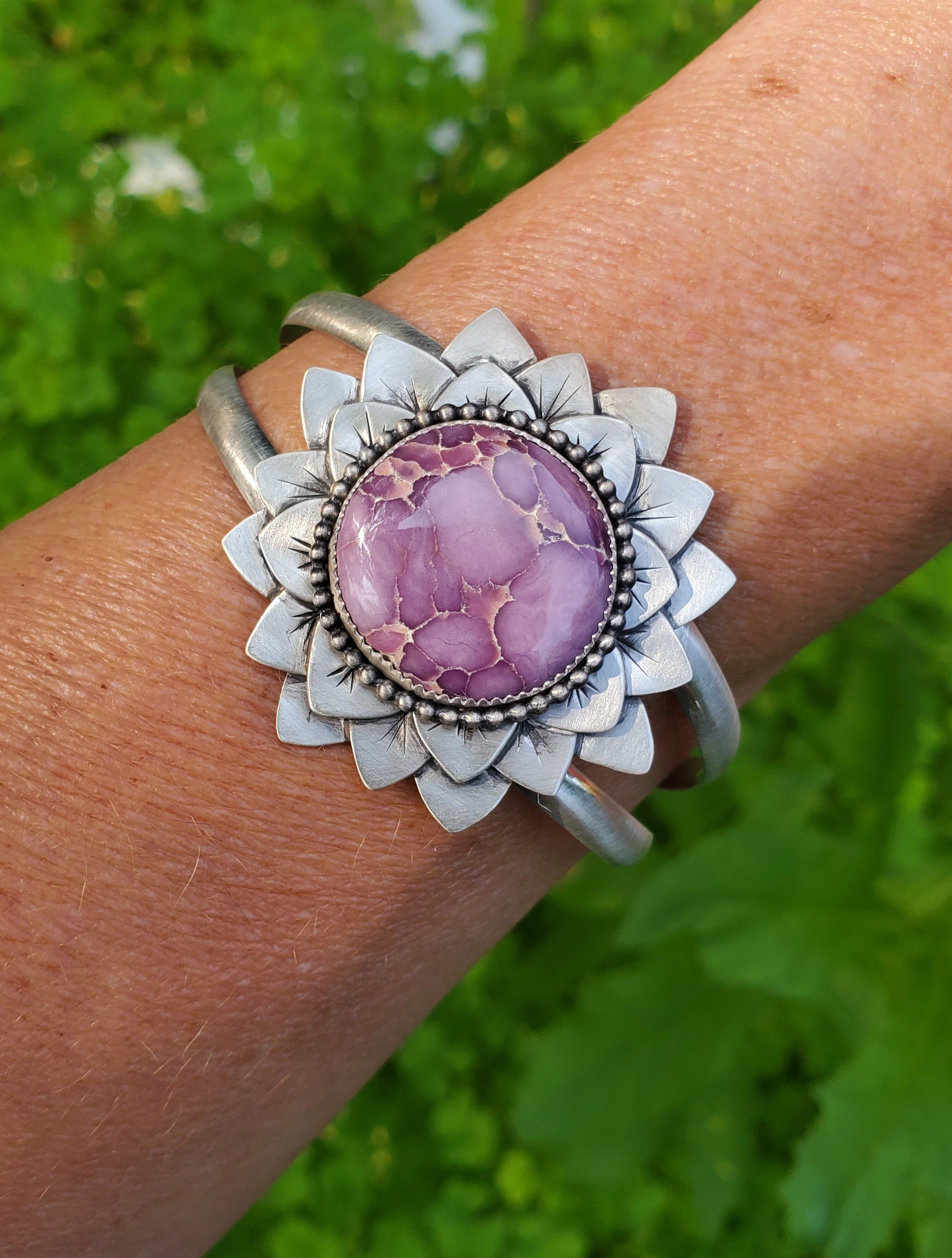 Phosphosiderite Flower Bloom Cuff in Solid Sterling Silver