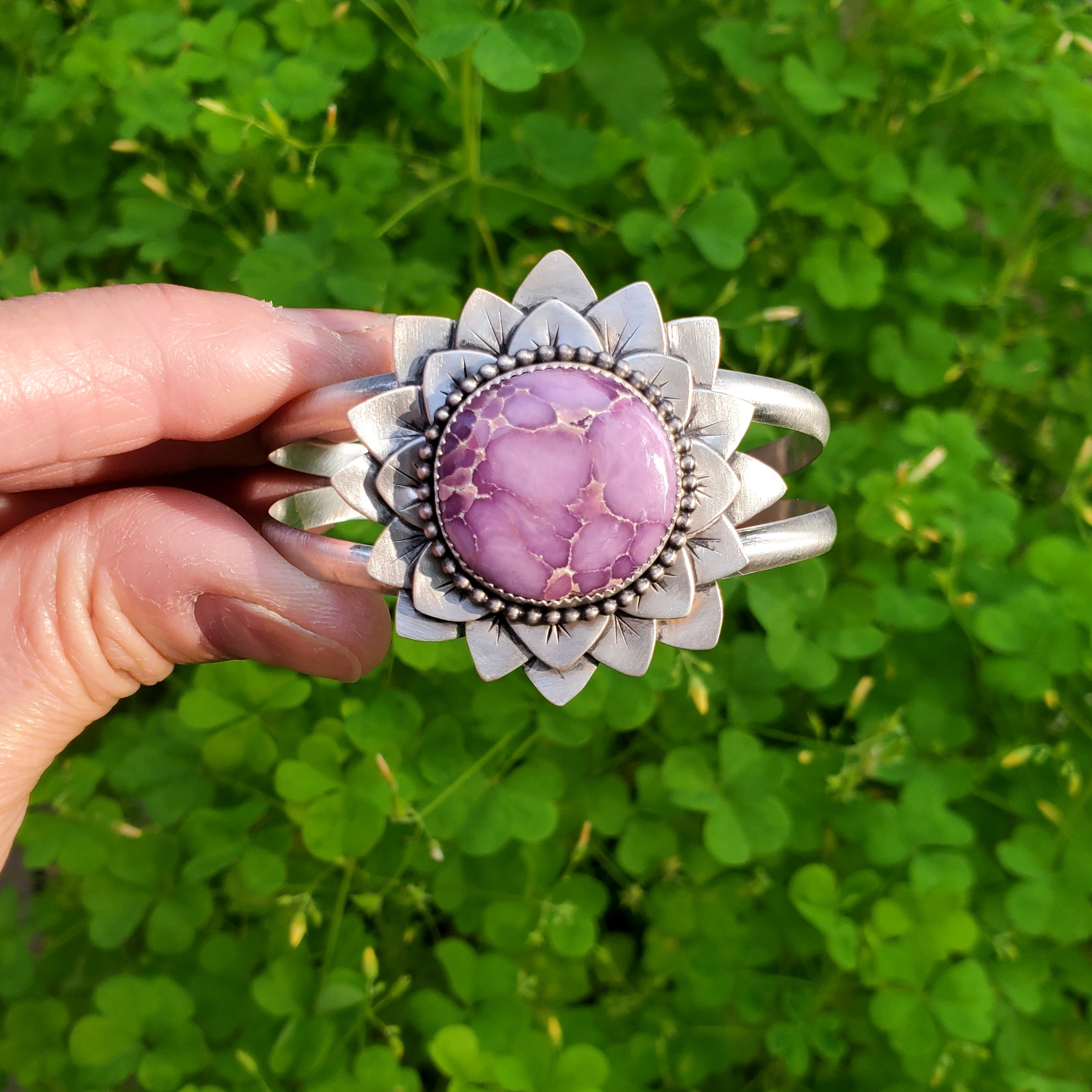 Phosphosiderite Flower Bloom Cuff in Solid Sterling Silver
