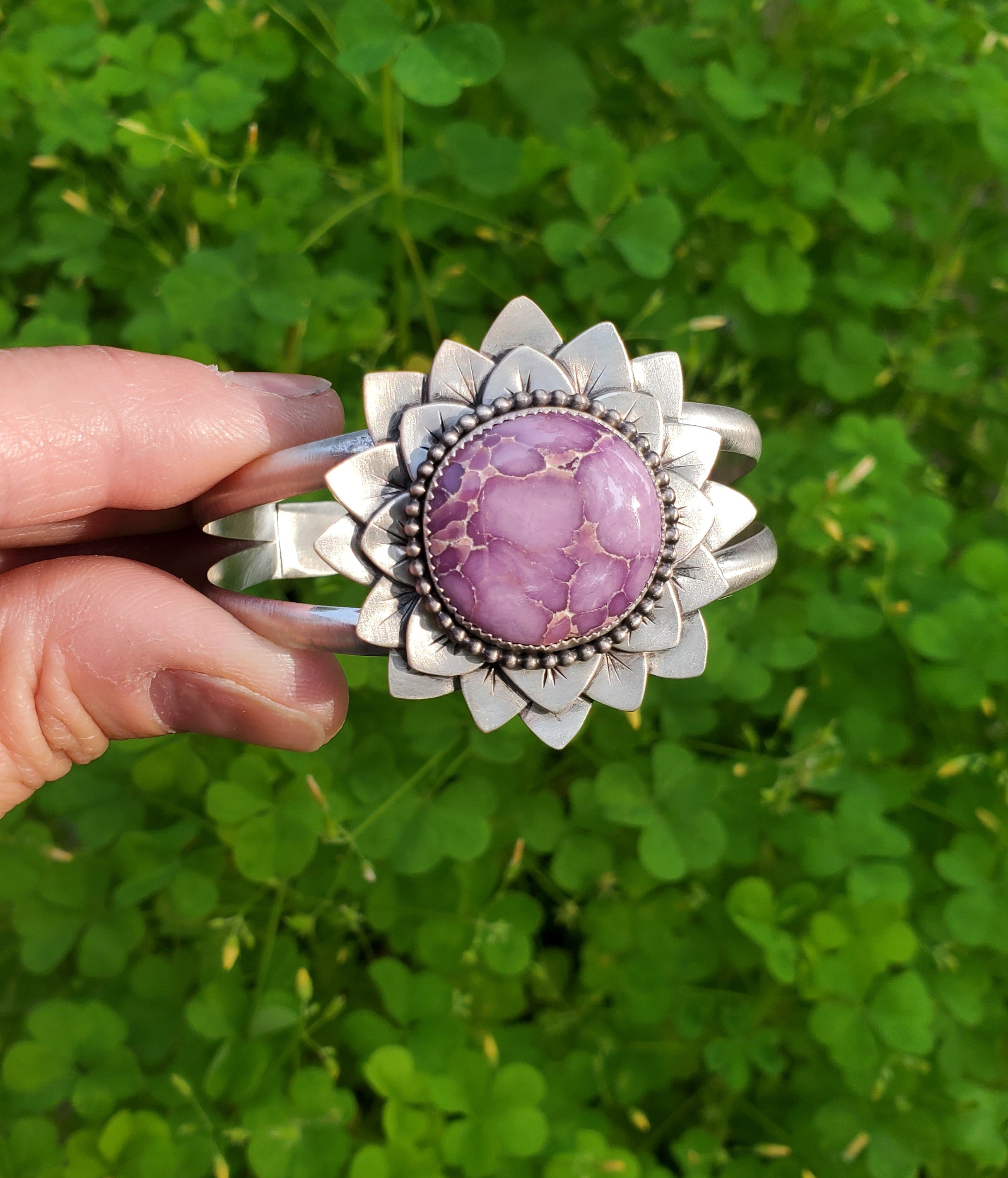 Phosphosiderite Flower Bloom Cuff in Solid Sterling Silver