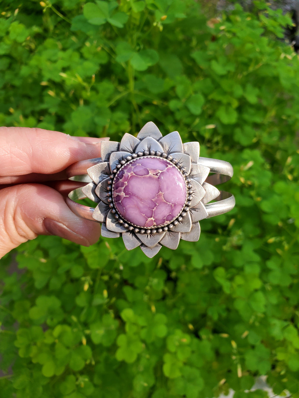 Phosphosiderite Flower Bloom Cuff in Solid Sterling Silver