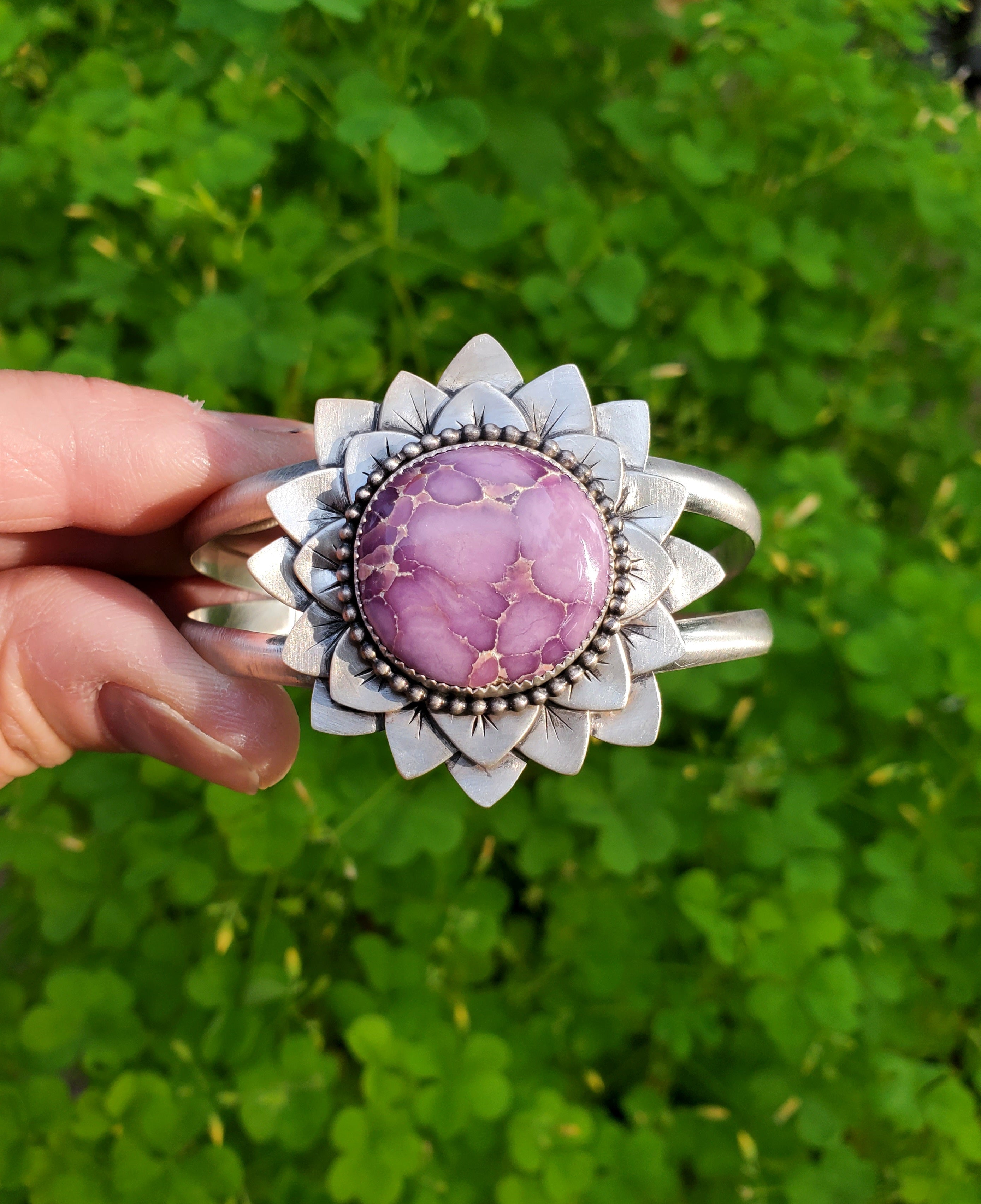 Phosphosiderite Flower Bloom Cuff in Solid Sterling Silver