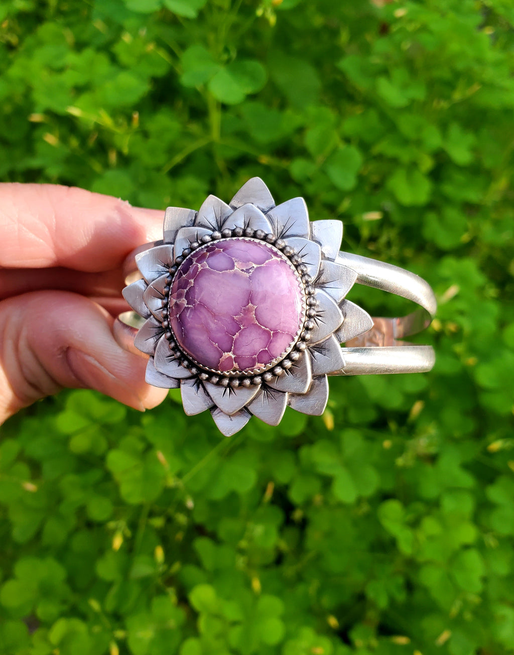 Phosphosiderite Flower Bloom Cuff in Solid Sterling Silver