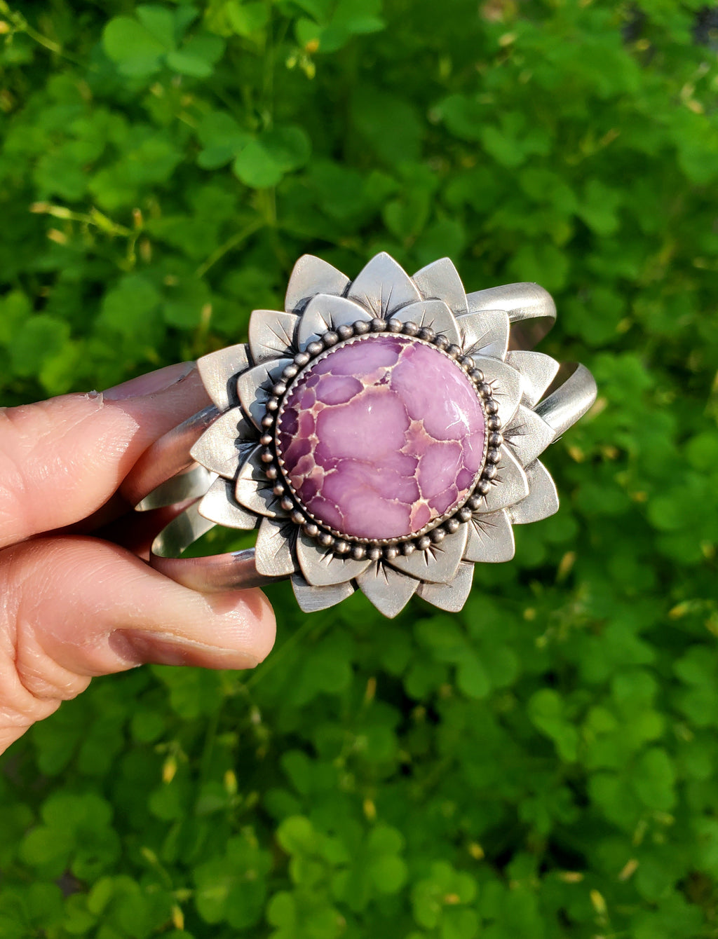 Phosphosiderite Flower Bloom Cuff in Solid Sterling Silver