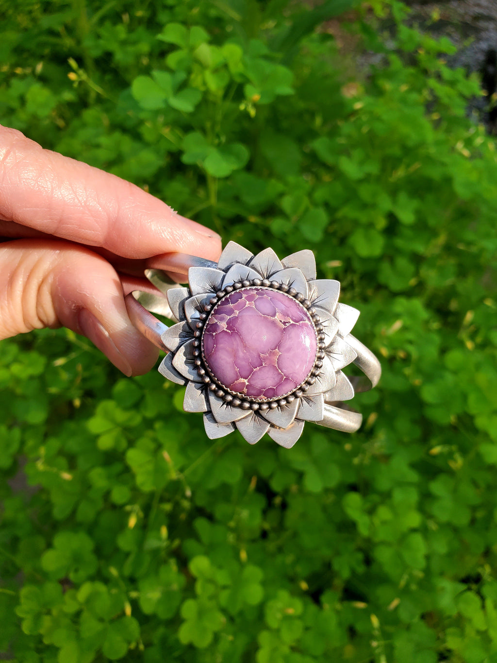 Phosphosiderite Flower Bloom Cuff in Solid Sterling Silver