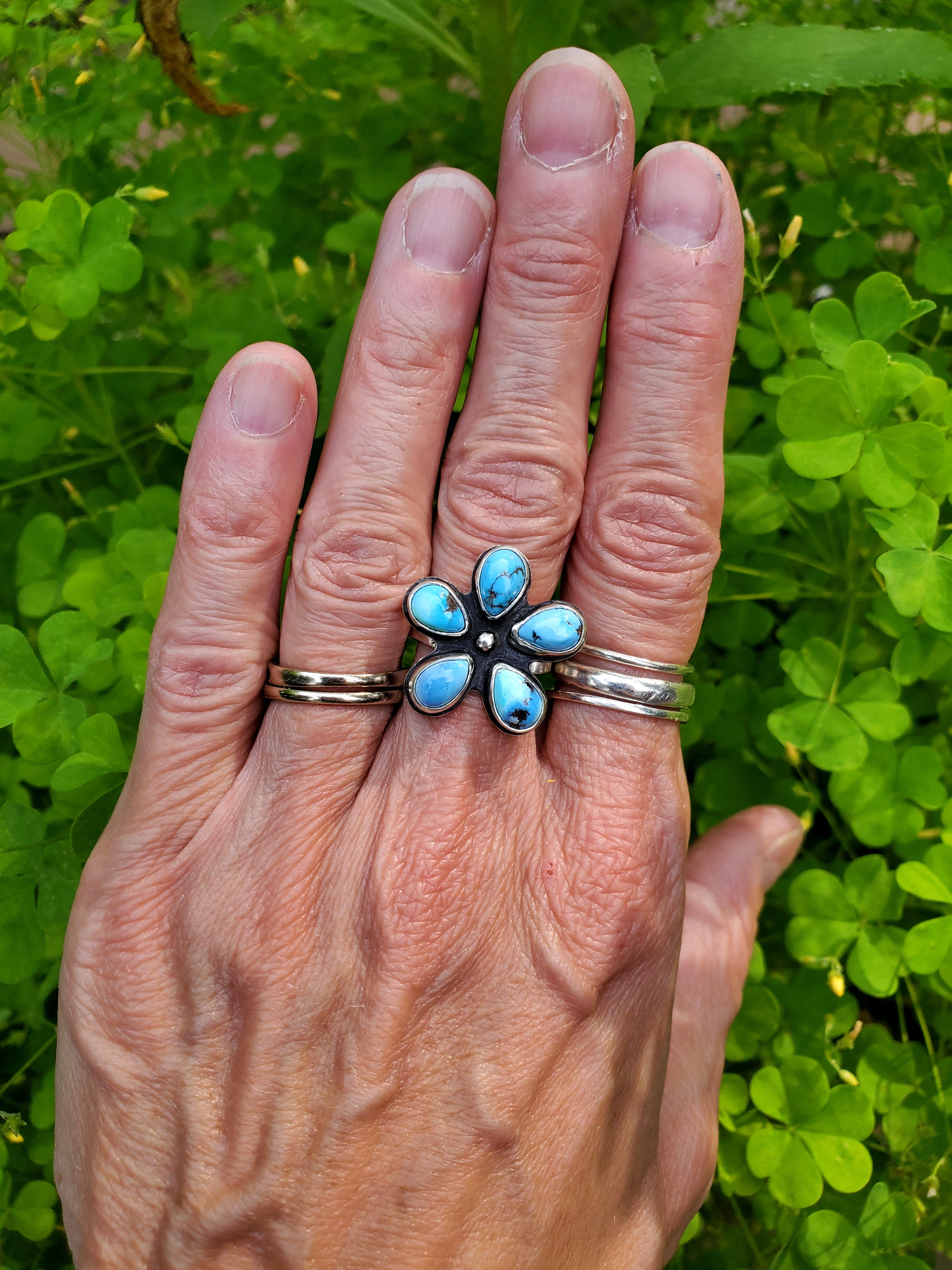 Golden Hills Turquoise Flower Ring in Solid Sterling Silver! Size 7.25