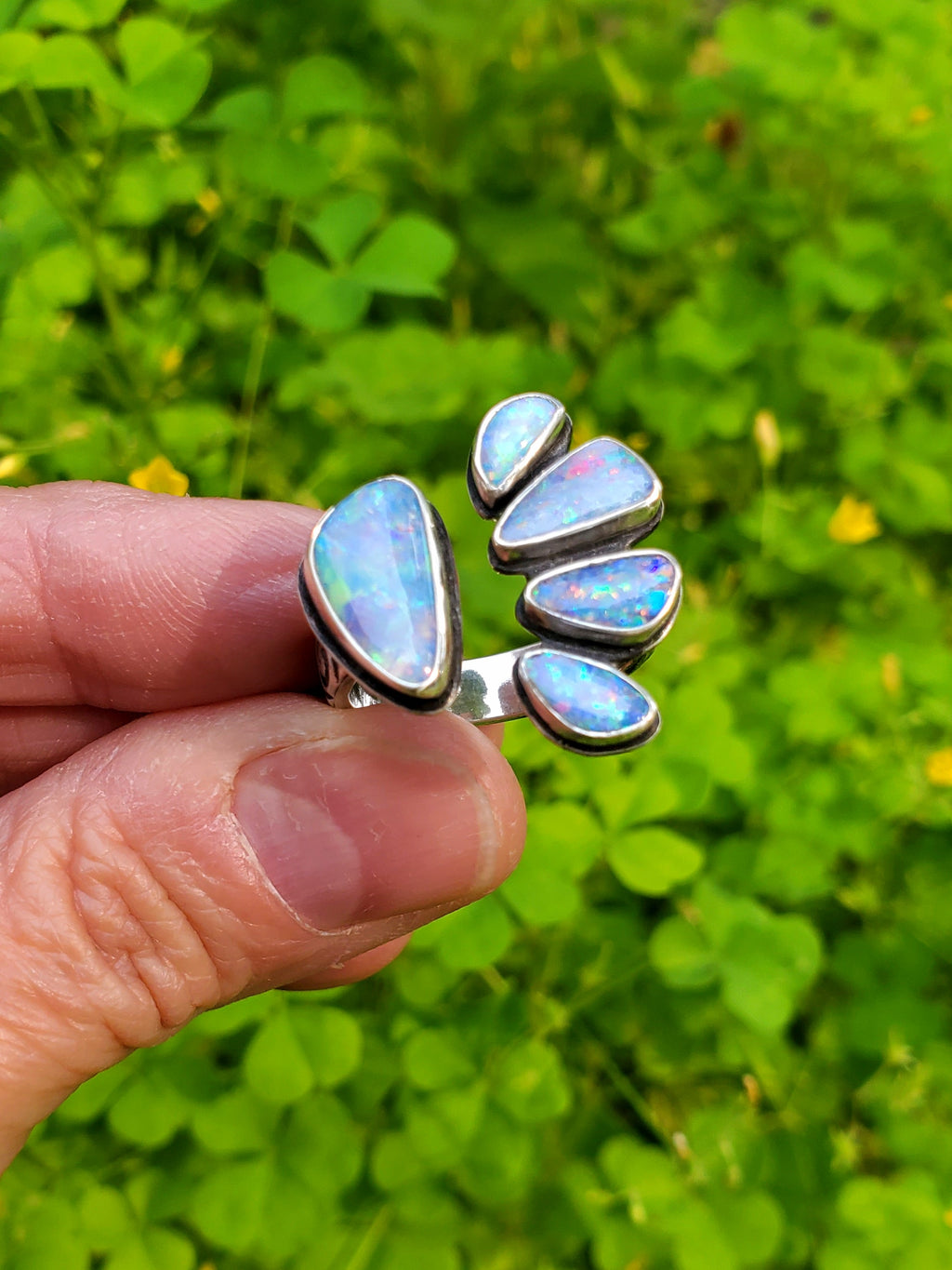 Australian Opal Open Shank Statement Ring in Solid Sterling Silver. Size 8.