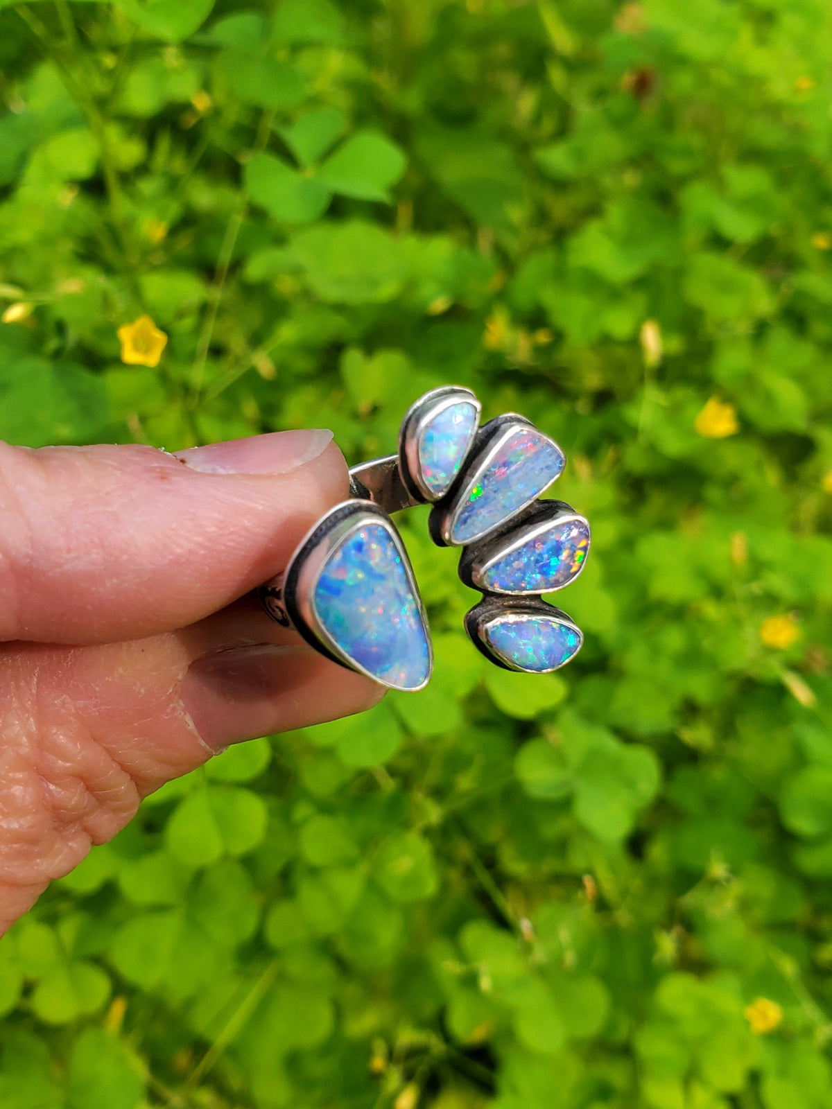 Australian Opal Open Shank Statement Ring in Solid Sterling Silver. Size 8.