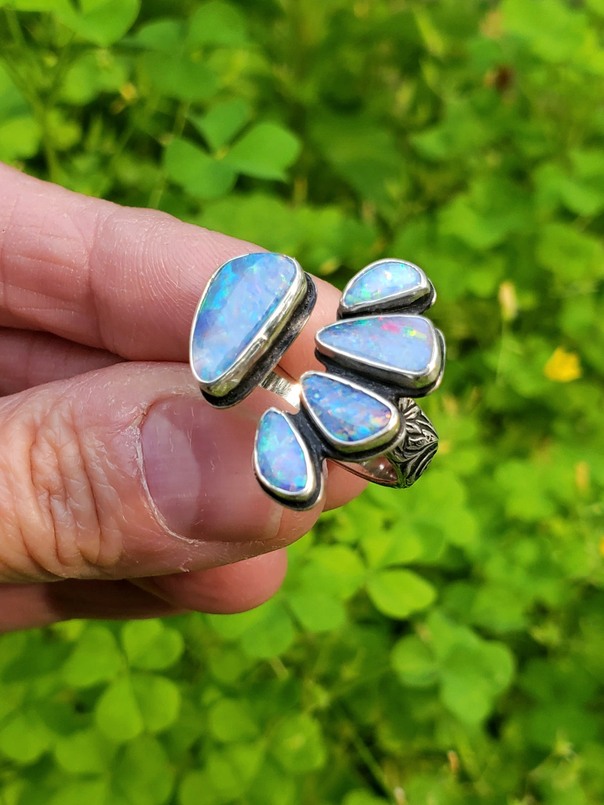 Australian Opal Open Shank Statement Ring in Solid Sterling Silver. Size 8.