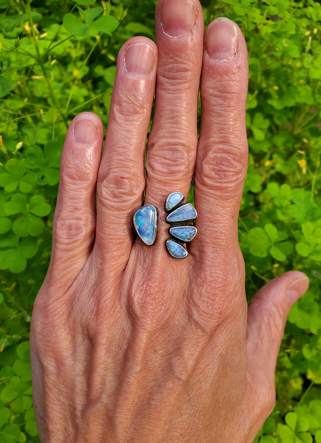 Australian Opal Open Shank Statement Ring in Solid Sterling Silver. Size 8.