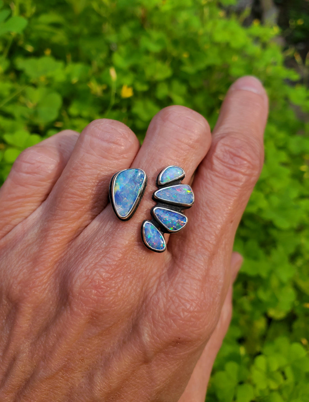 Australian Opal Open Shank Statement Ring in Solid Sterling Silver. Size 8.