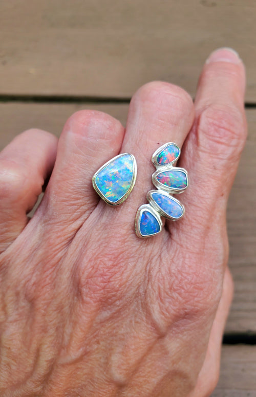 5-Stone Australian Opal Open Shank Statement Ring in Solid Sterling Silver. Size 6.5