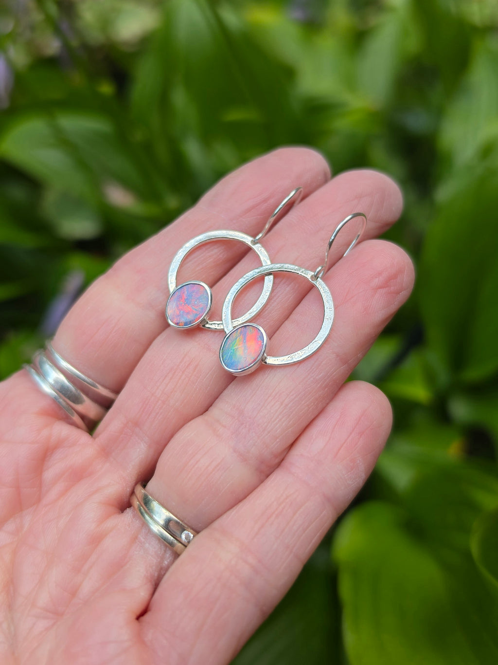 Australian Opal Hoop Dangle Drop Earrings in Solid Sterling Silver