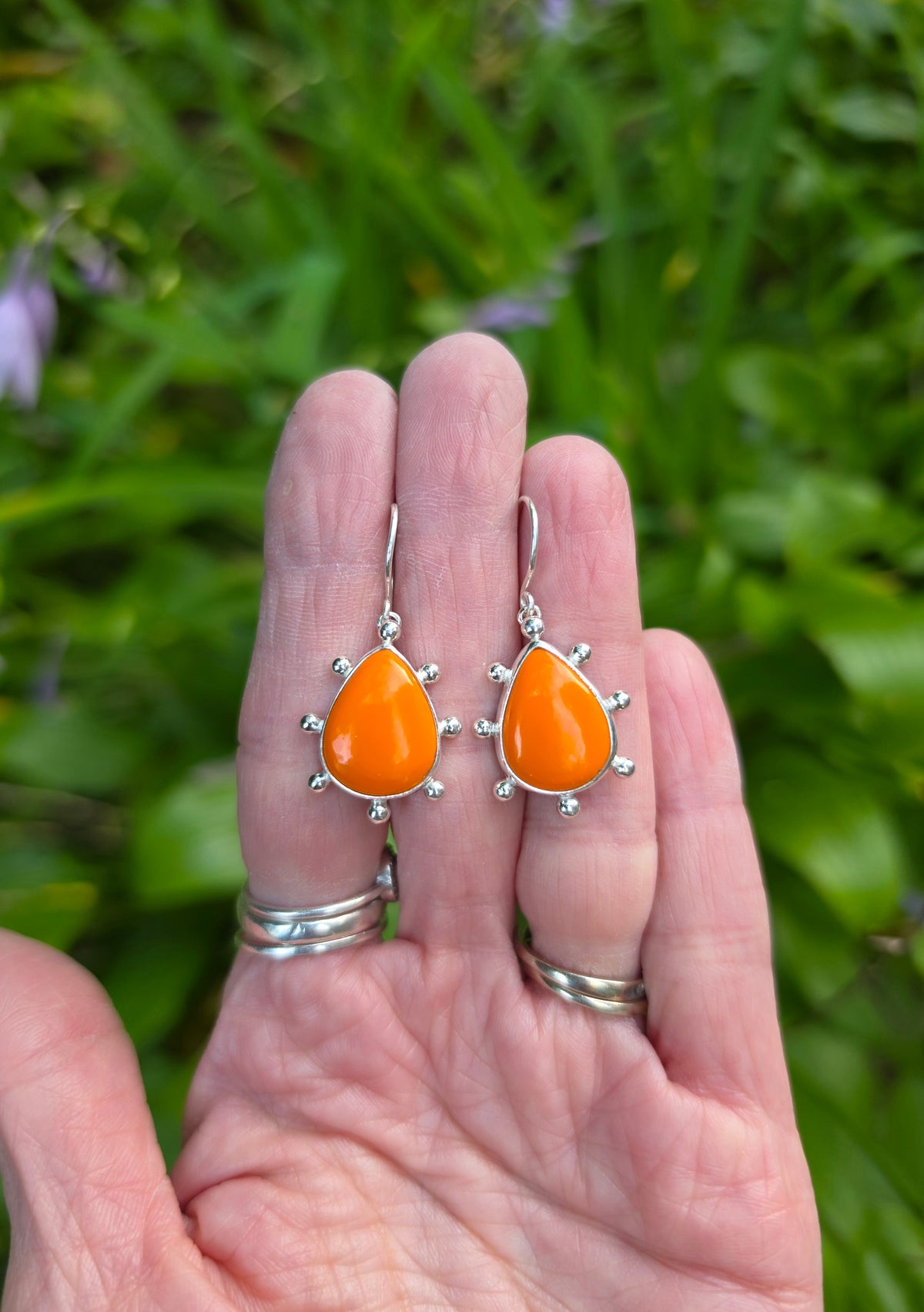 Orange Rosarita Teardrop Earrings with Ball Detail in Solid Sterling Silver