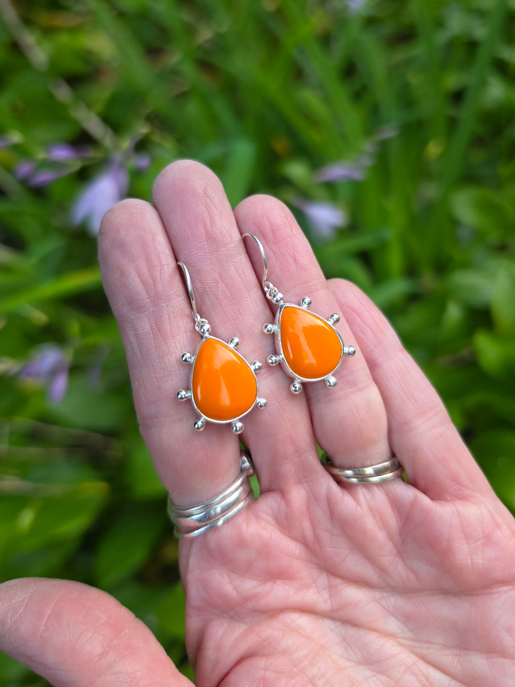 Orange Rosarita Teardrop Earrings with Ball Detail in Solid Sterling Silver