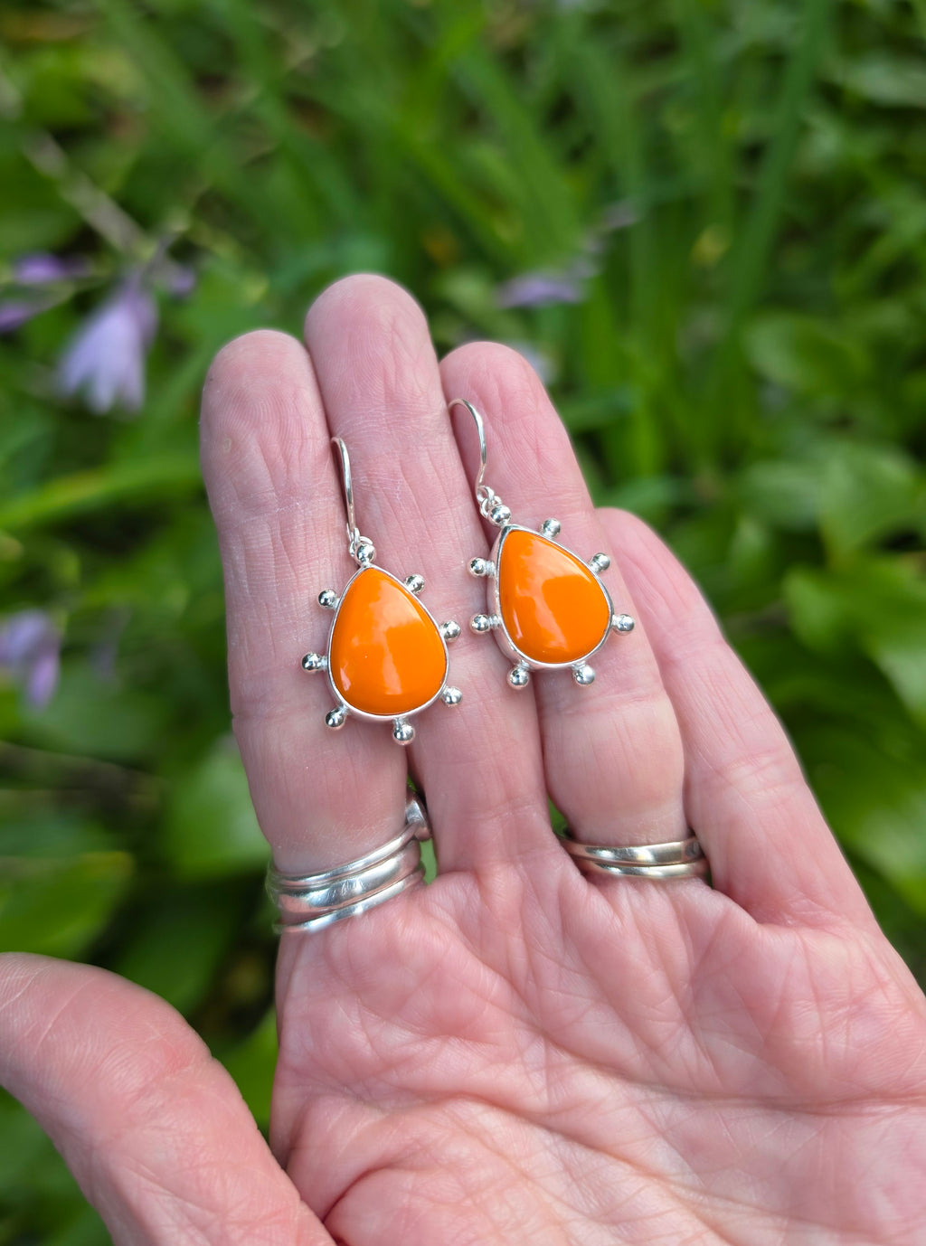 Orange Rosarita Teardrop Earrings with Ball Detail in Solid Sterling Silver