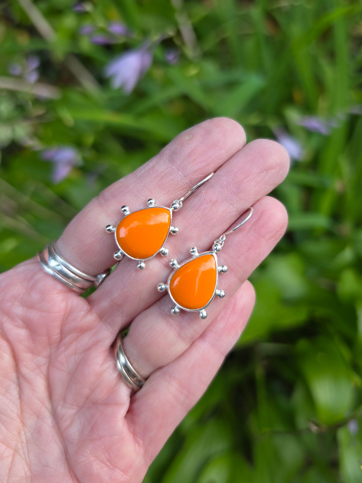 Orange Rosarita Teardrop Earrings with Ball Detail in Solid Sterling Silver