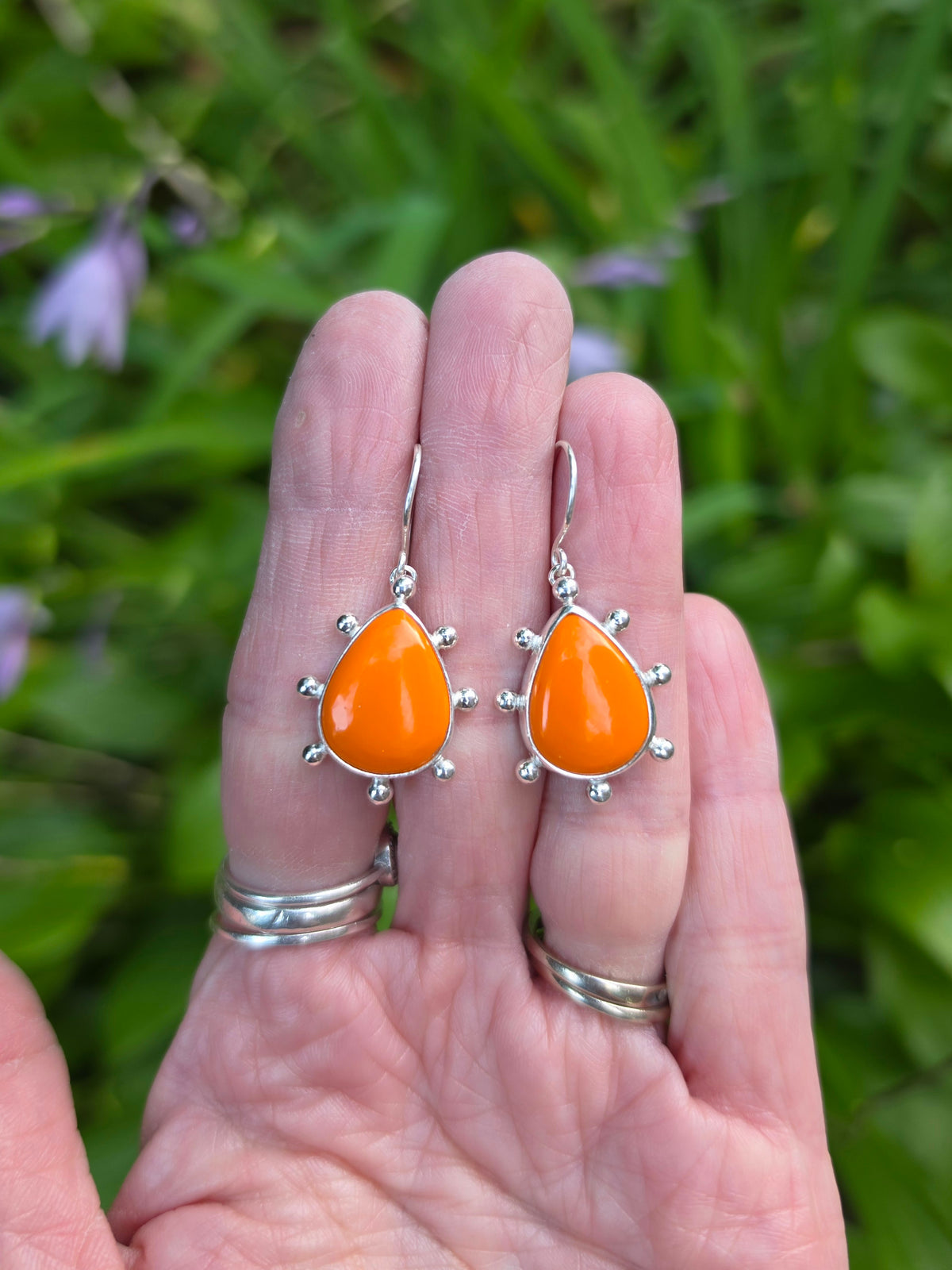 Orange Rosarita Teardrop Earrings with Ball Detail in Solid Sterling Silver