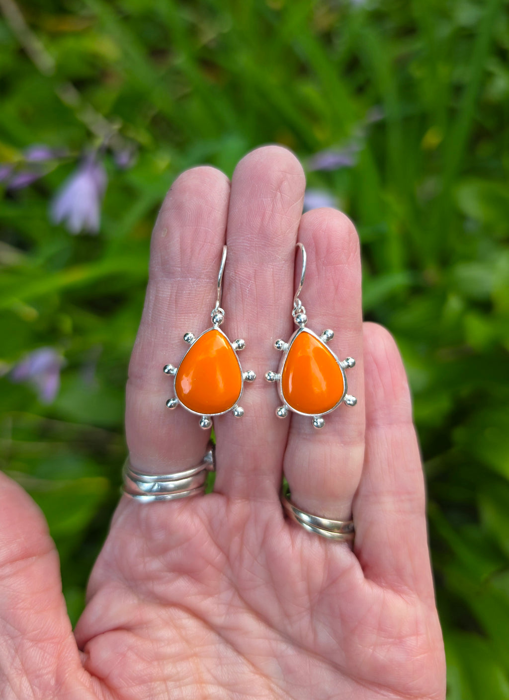 Orange Rosarita Teardrop Earrings with Ball Detail in Solid Sterling Silver