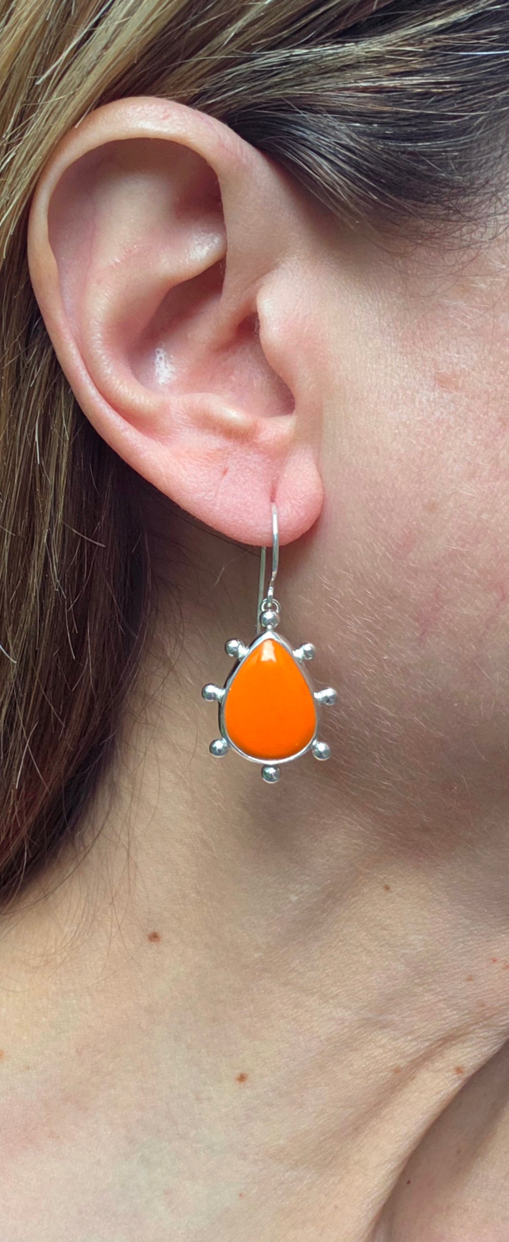 Orange Rosarita Teardrop Earrings with Ball Detail in Solid Sterling Silver