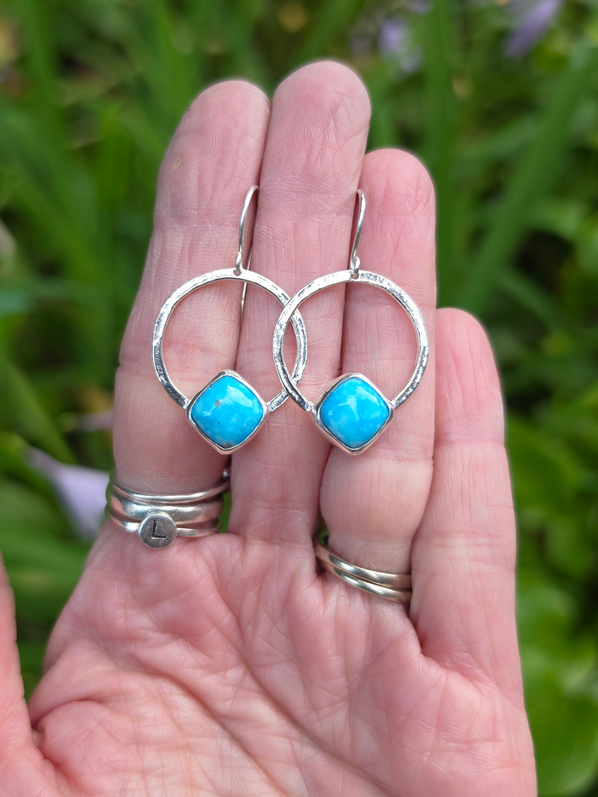 Whitewater Turquoise Square/Diamond Hoop Earrings In Solid Sterling Silver