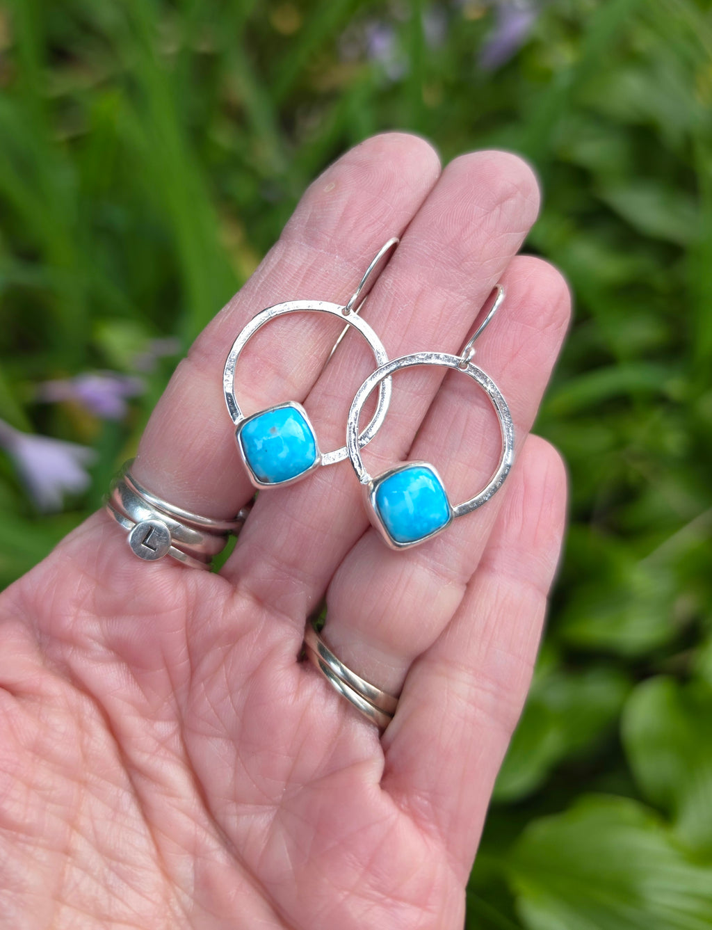 Whitewater Turquoise Square/Diamond Hoop Earrings In Solid Sterling Silver