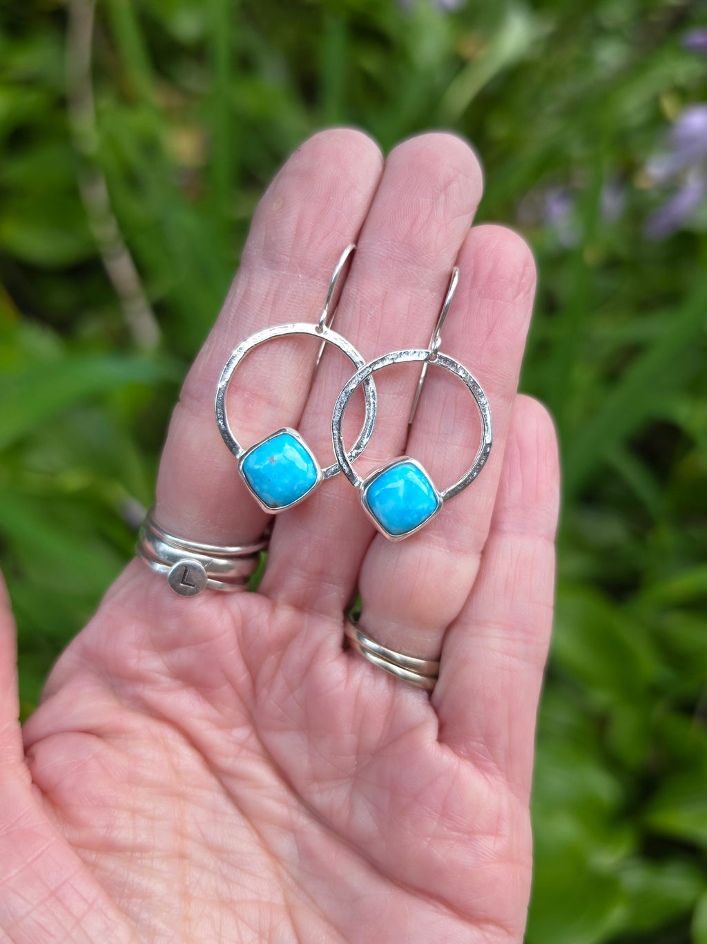 Whitewater Turquoise Square/Diamond Hoop Earrings In Solid Sterling Silver
