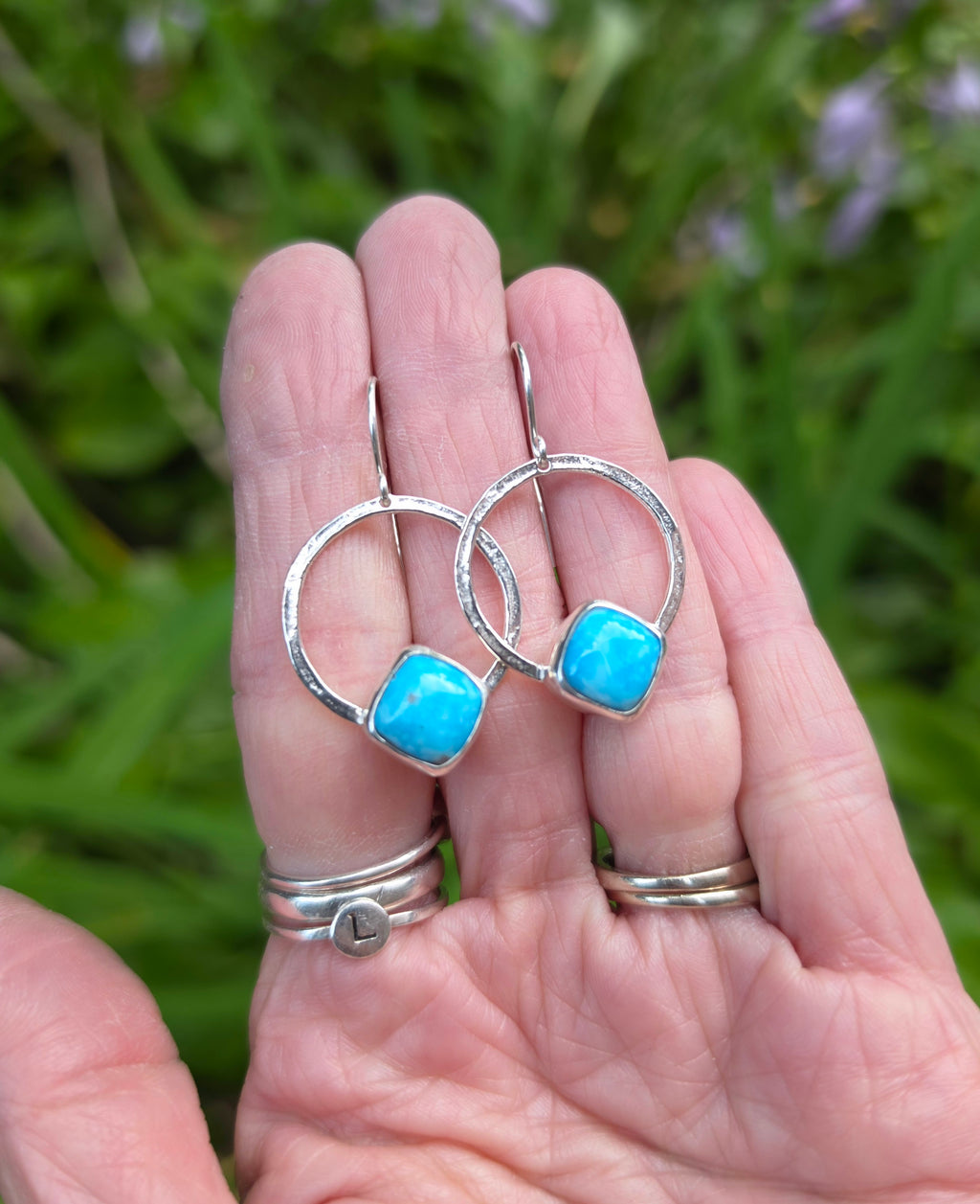 Whitewater Turquoise Square/Diamond Hoop Earrings In Solid Sterling Silver