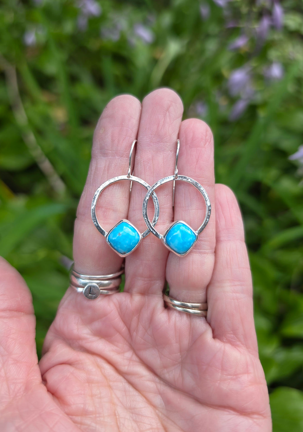 Whitewater Turquoise Square/Diamond Hoop Earrings In Solid Sterling Silver