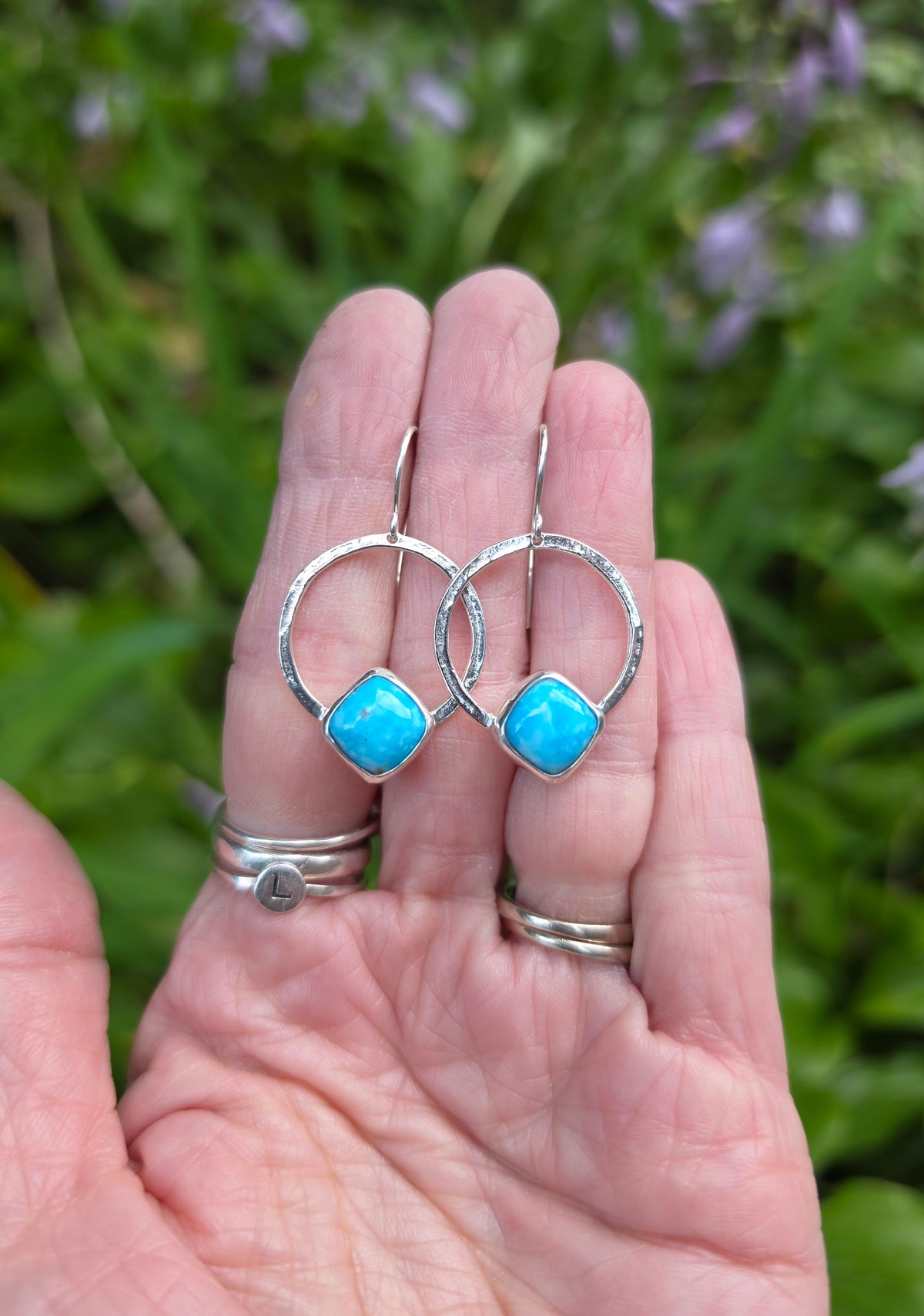 Whitewater Turquoise Square/Diamond Hoop Earrings In Solid Sterling Silver