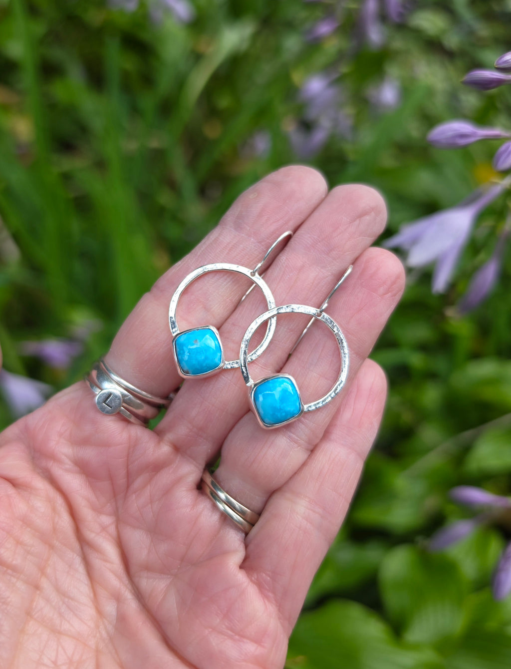 Whitewater Turquoise Square/Diamond Hoop Earrings In Solid Sterling Silver