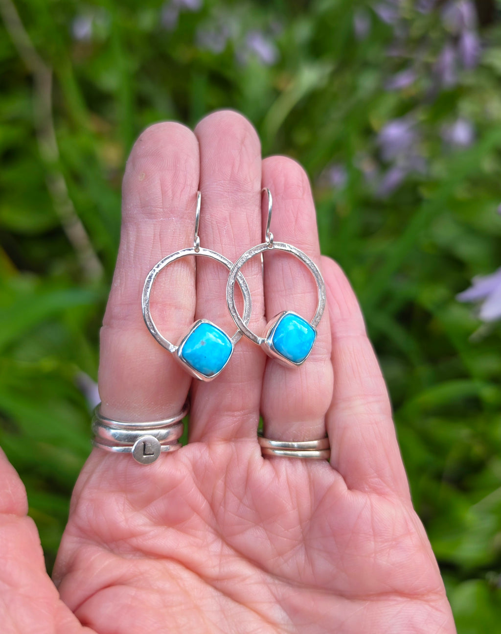 Whitewater Turquoise Square/Diamond Hoop Earrings In Solid Sterling Silver