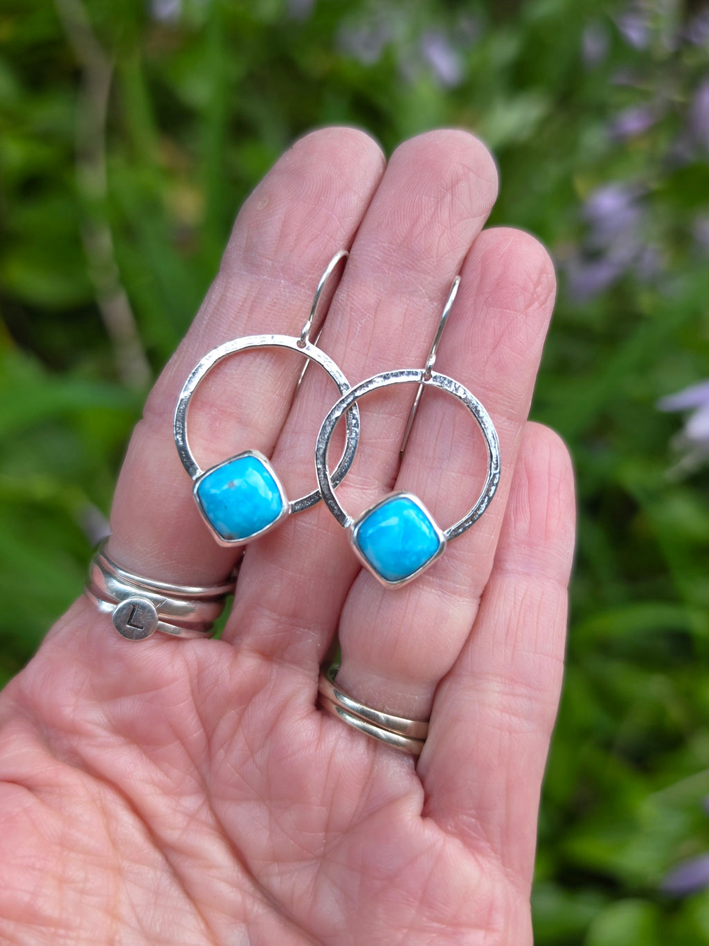 Whitewater Turquoise Square/Diamond Hoop Earrings In Solid Sterling Silver