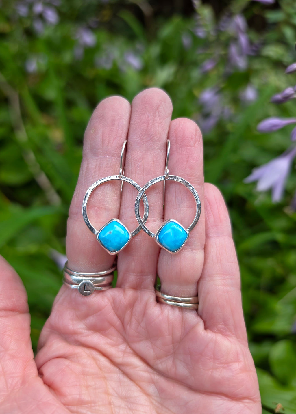 Whitewater Turquoise Square/Diamond Hoop Earrings In Solid Sterling Silver