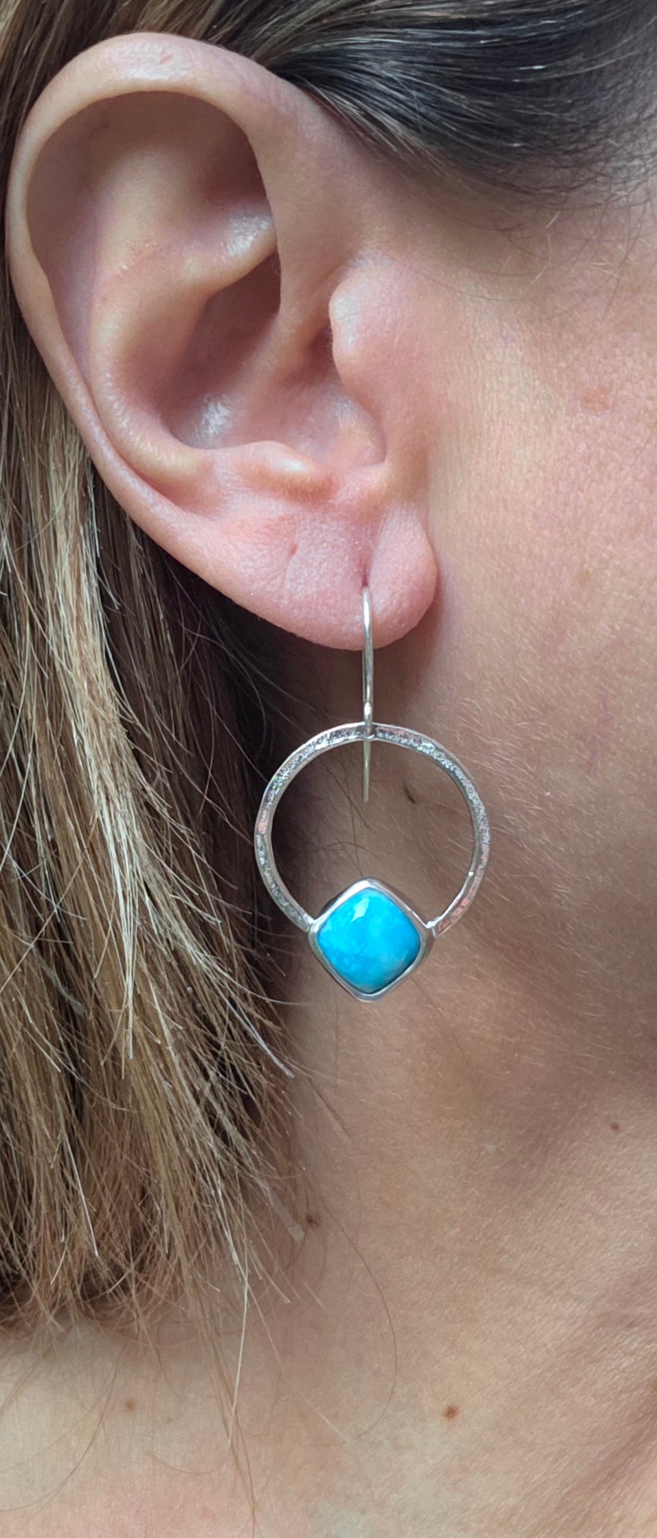 Whitewater Turquoise Square/Diamond Hoop Earrings In Solid Sterling Silver